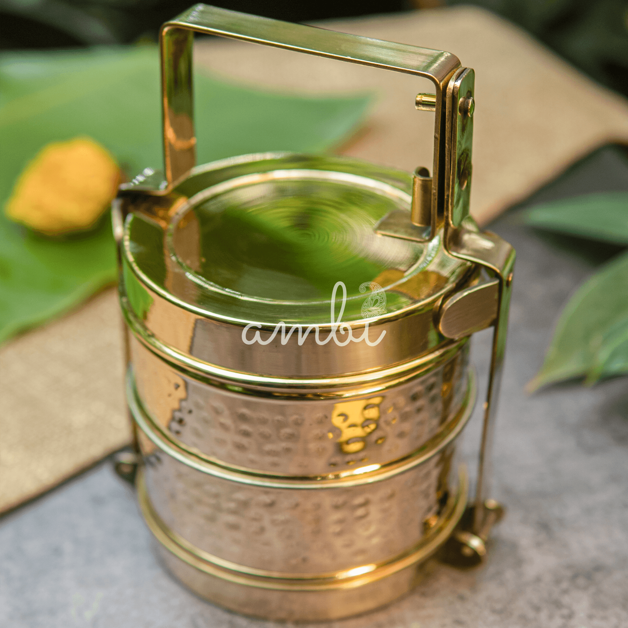 Masterpiece Pure Brass Two Tier Tiffin Box with Shiny Hammered Finish