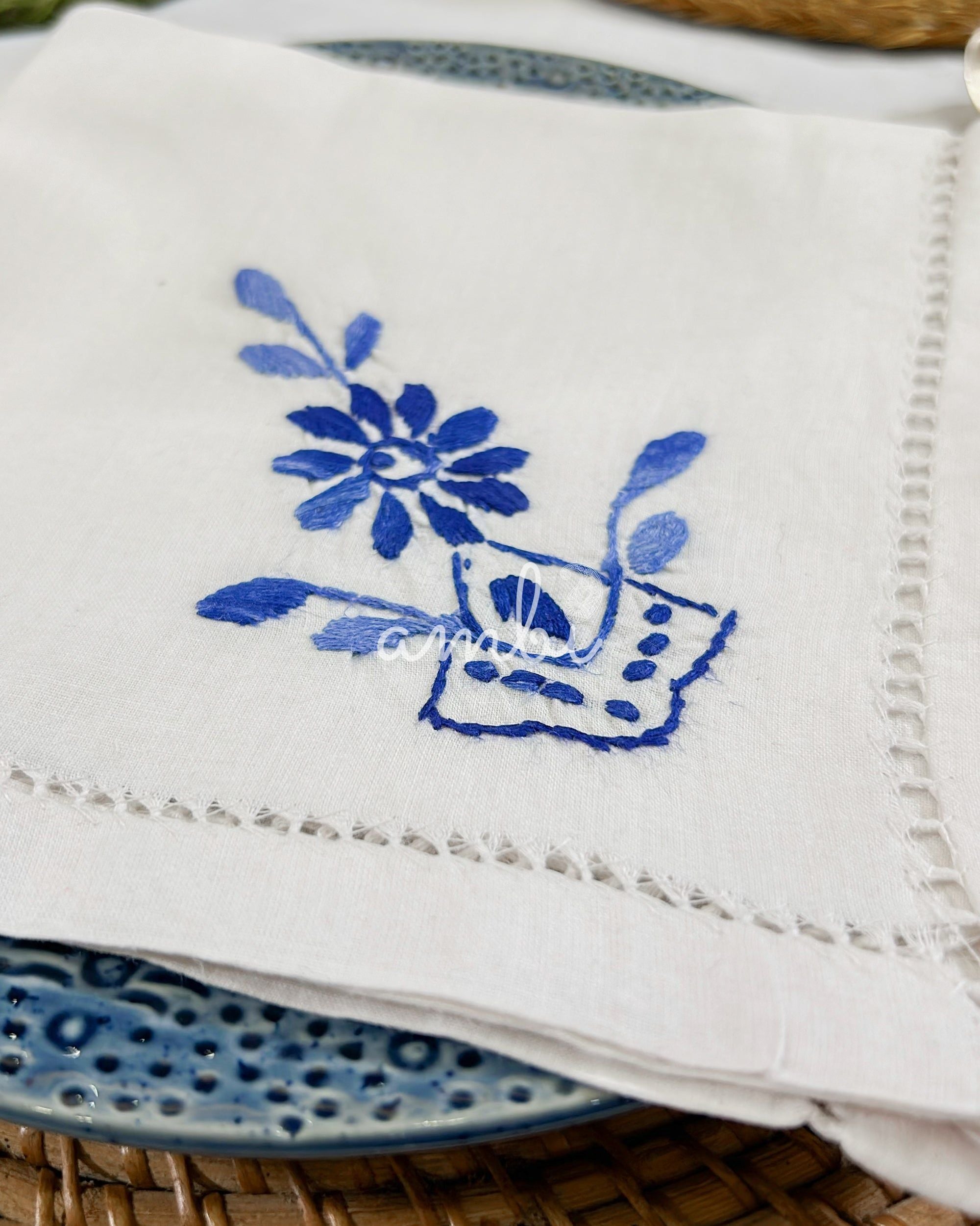 2026 Collection - Hand Embroidered Linen Napkins - Set of 6 - Blue