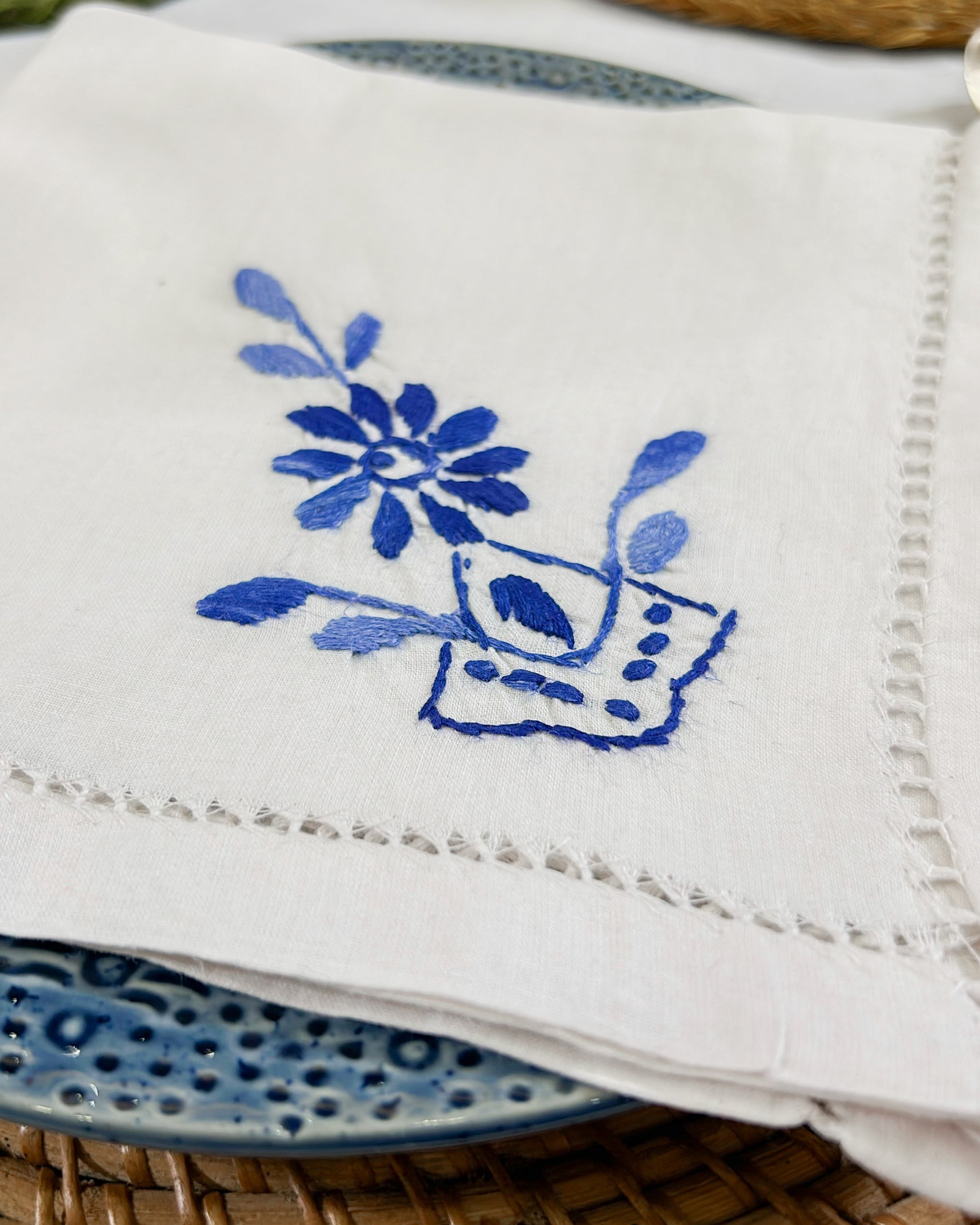 2026 Collection - Hand Embroidered Linen Napkins - Set of 6 - Blue