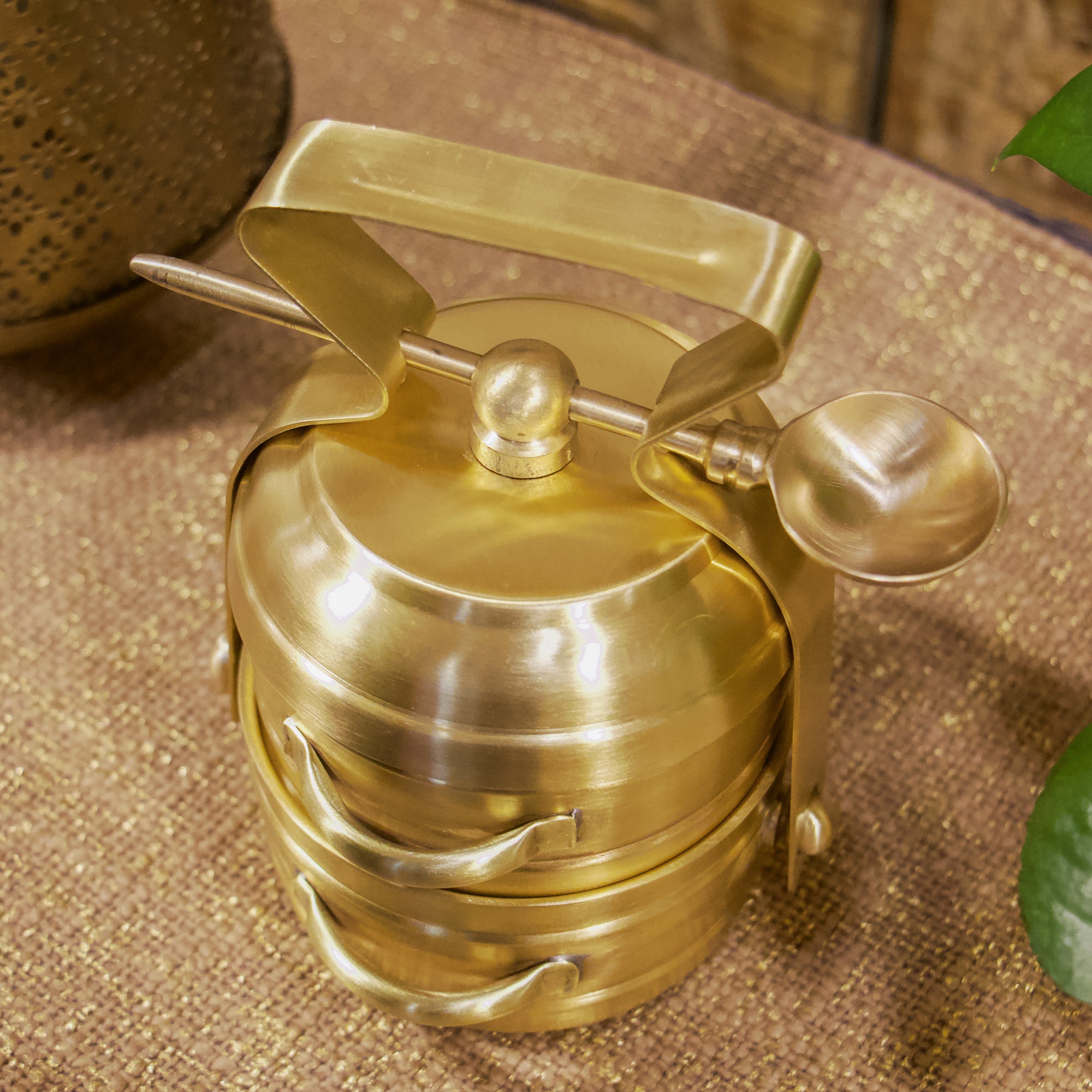 Super Elegant Pure Brass 2 Tier Tiffin Set in Matte Finish with Spoon
