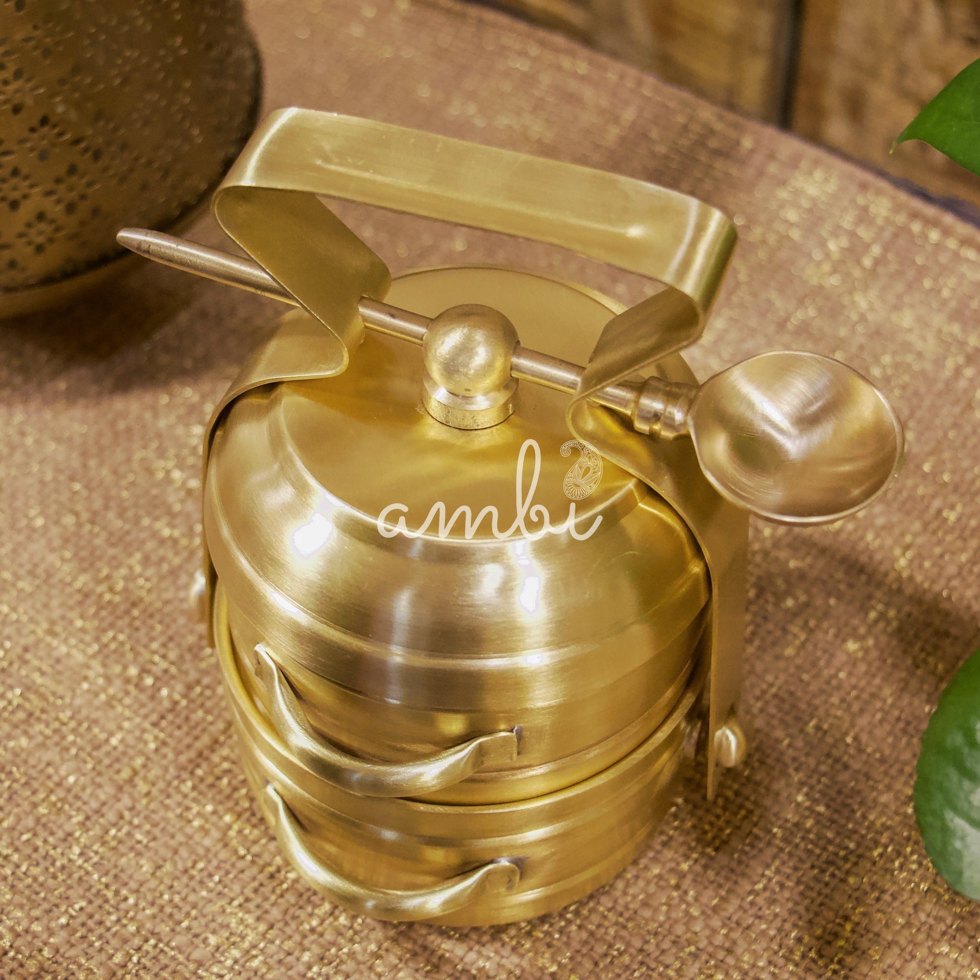 Super Elegant Pure Brass 2 Tier Tiffin Set in Matte Finish with Spoon
