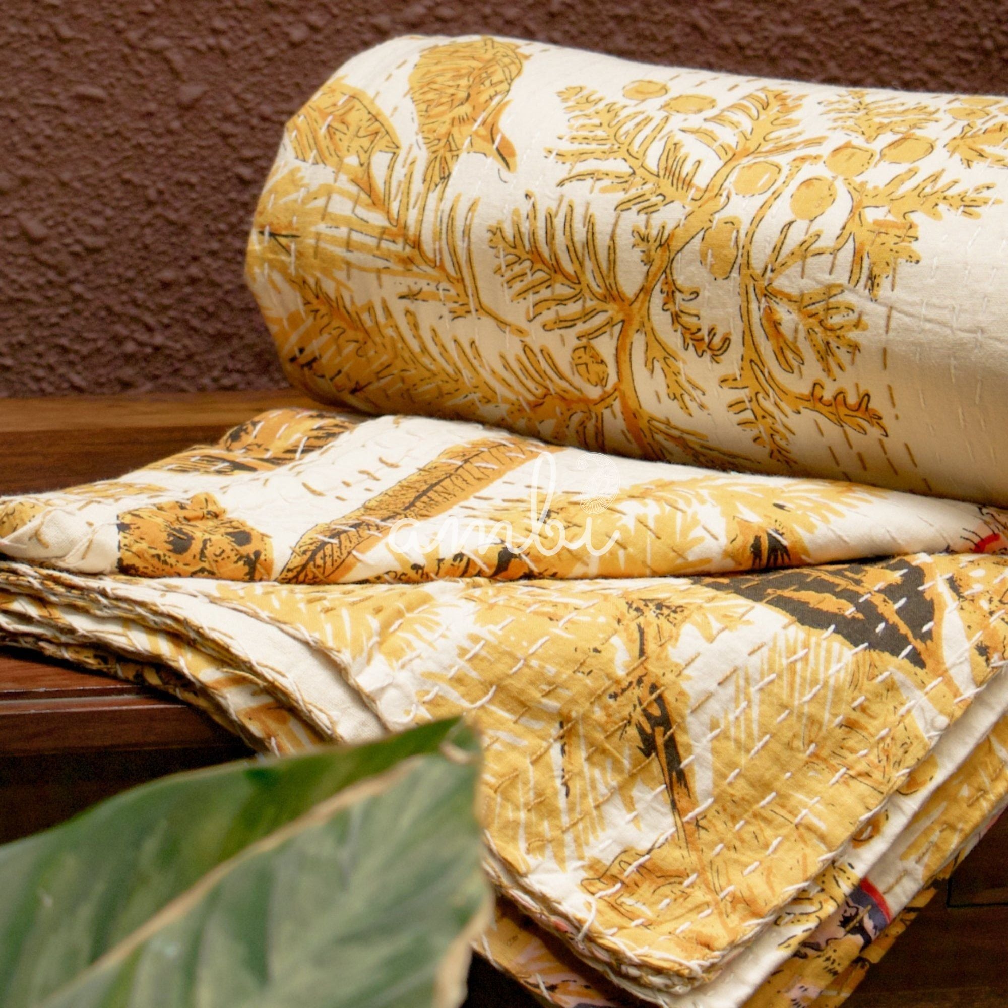 2026 Collection - Jaipuri Kantha Bedcover - Yellow - (Double) - 90X108 Inches