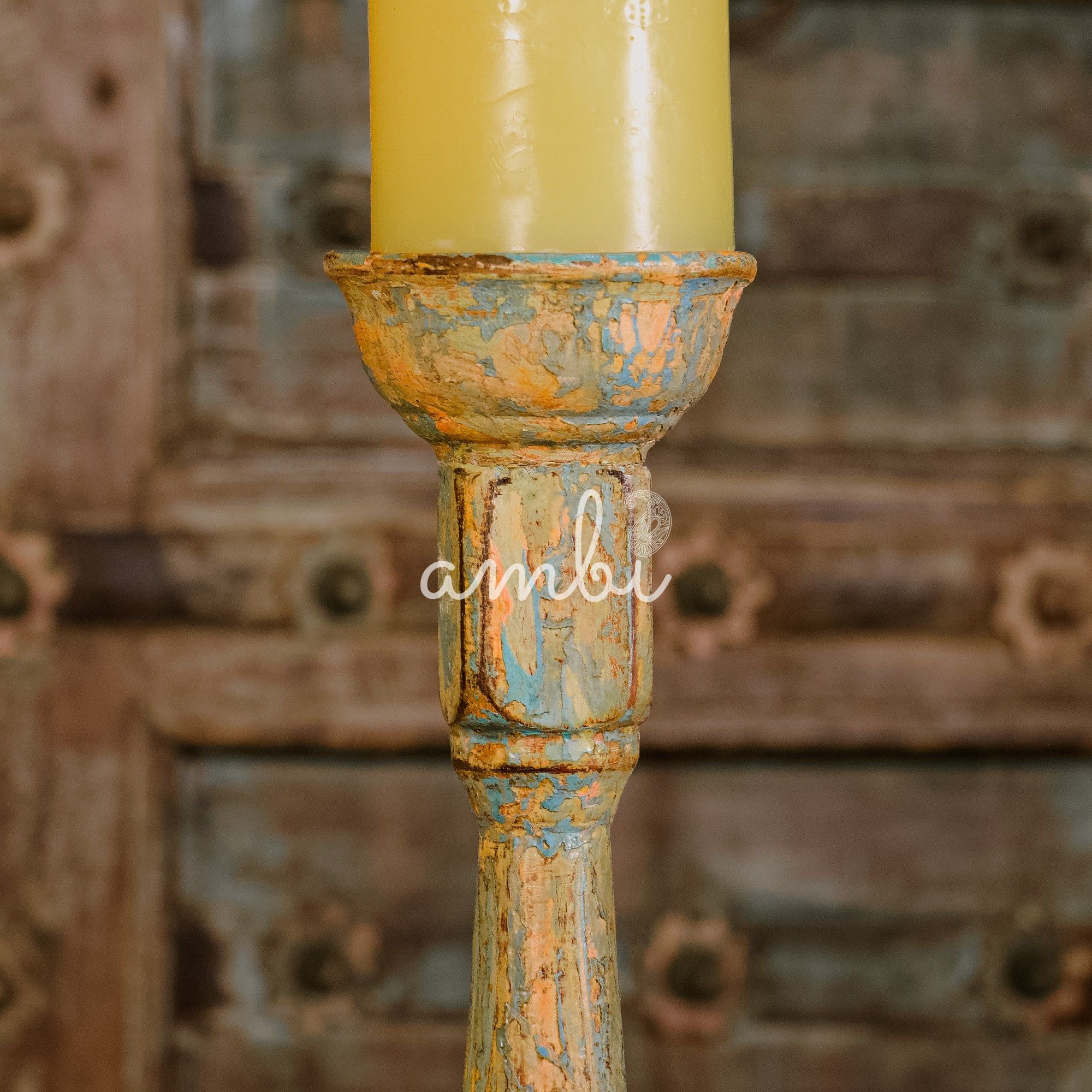 Wooden Candle Distressed Look Stand - Multicolour