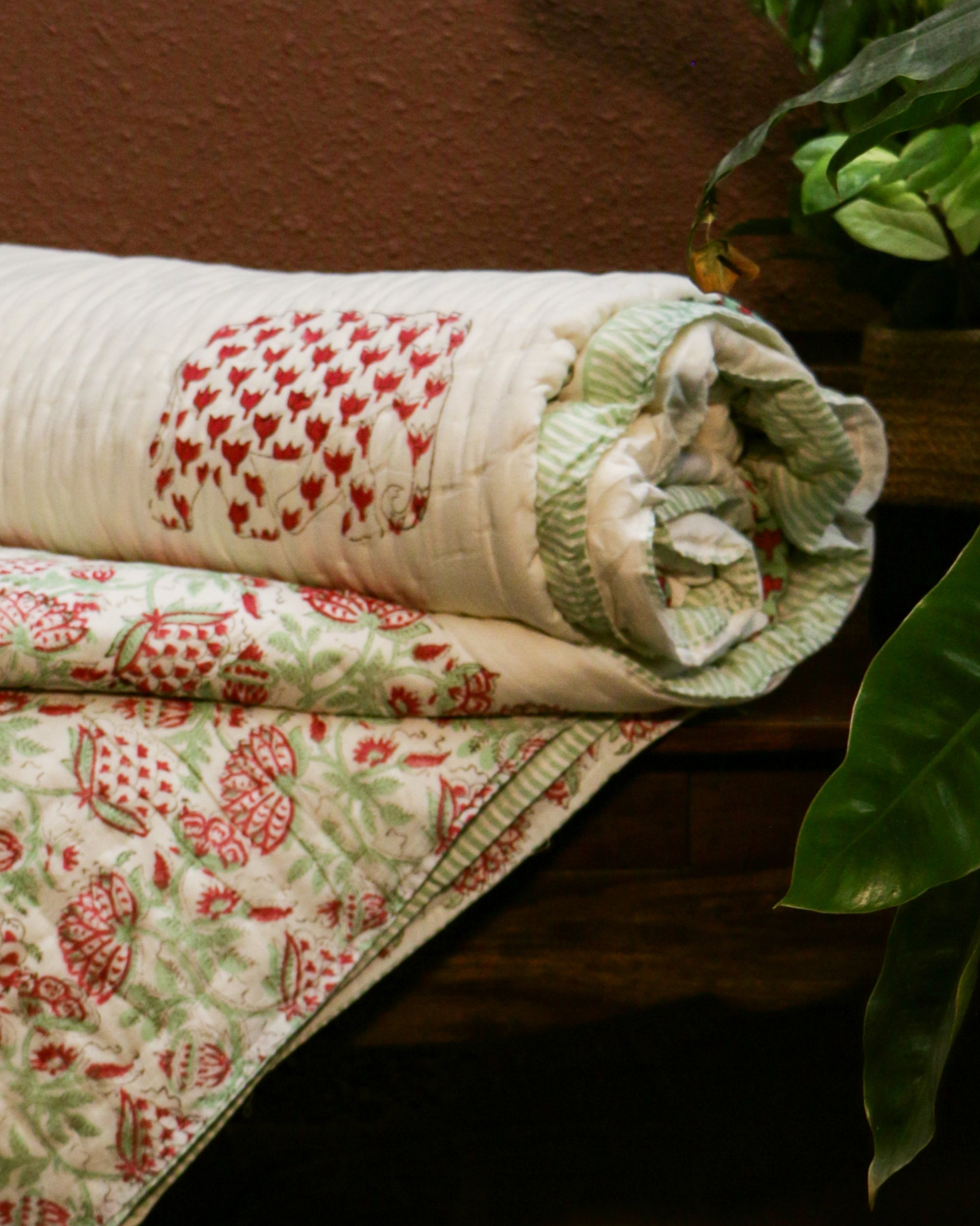 2026 Collection - Elephant Lotus Hand Block Printed Jaipuri Rajai / Quilt- Double - 90X108 Inches