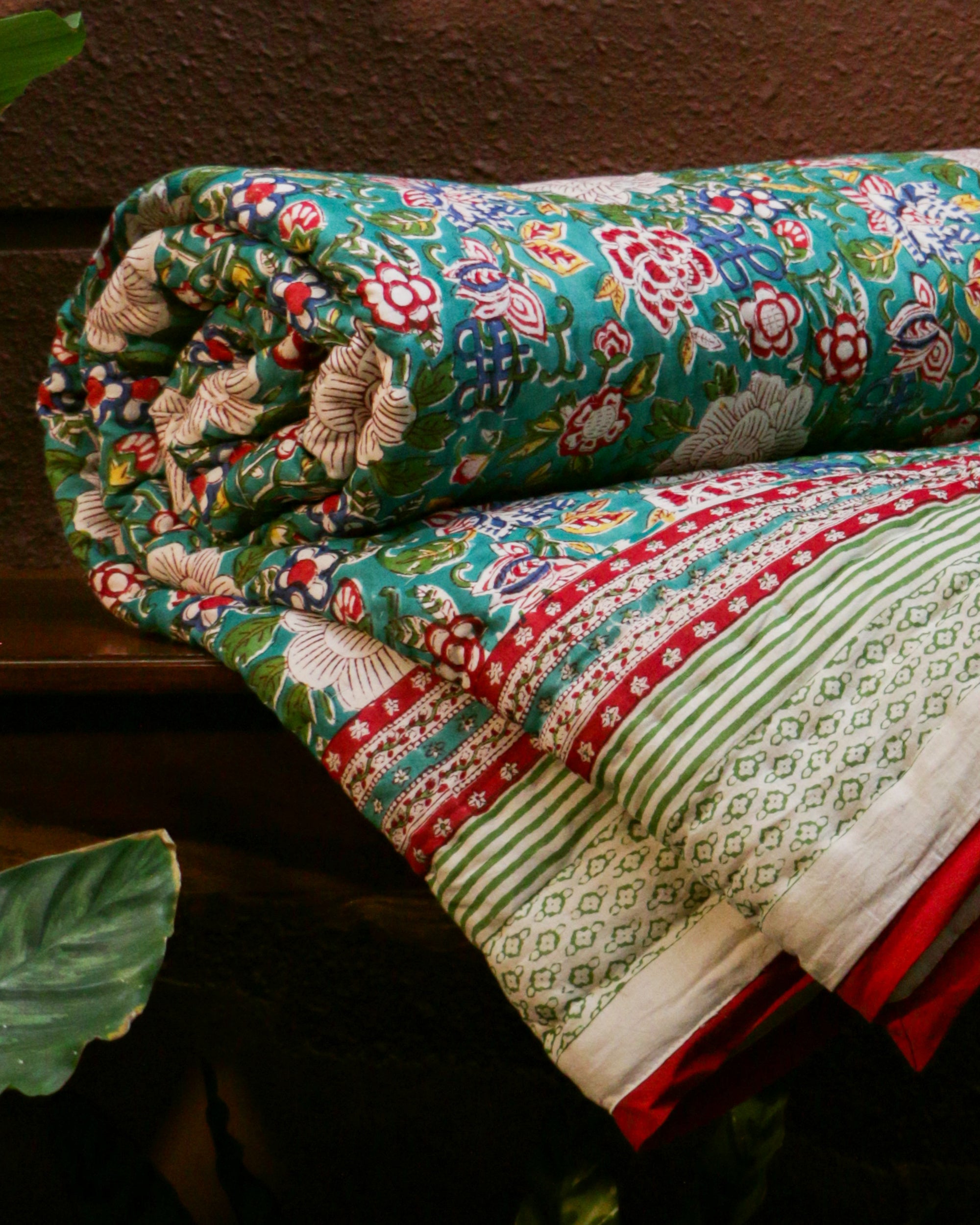 Diwali 2025 Collection - Cyan Floral Hand Block Printed Jaipuri Rajai / Quilt- Singles - Pair of 2 - 60X90 Inches each