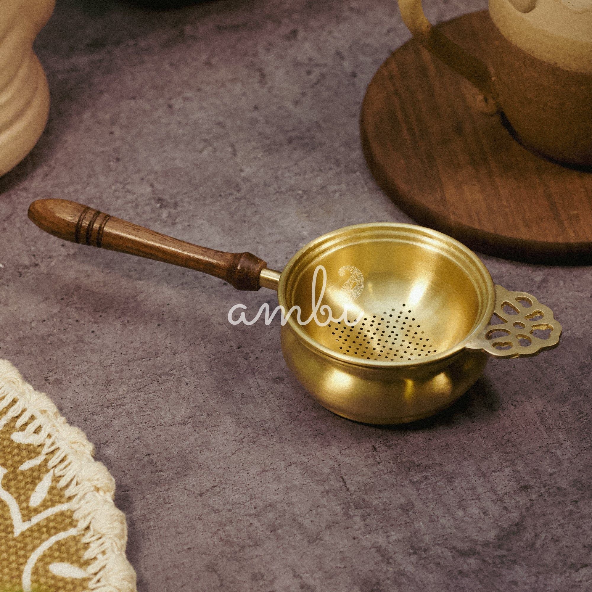 Exquisite Matte Finish 2 Pc Brass Large Tea Strainer with Resting Pot