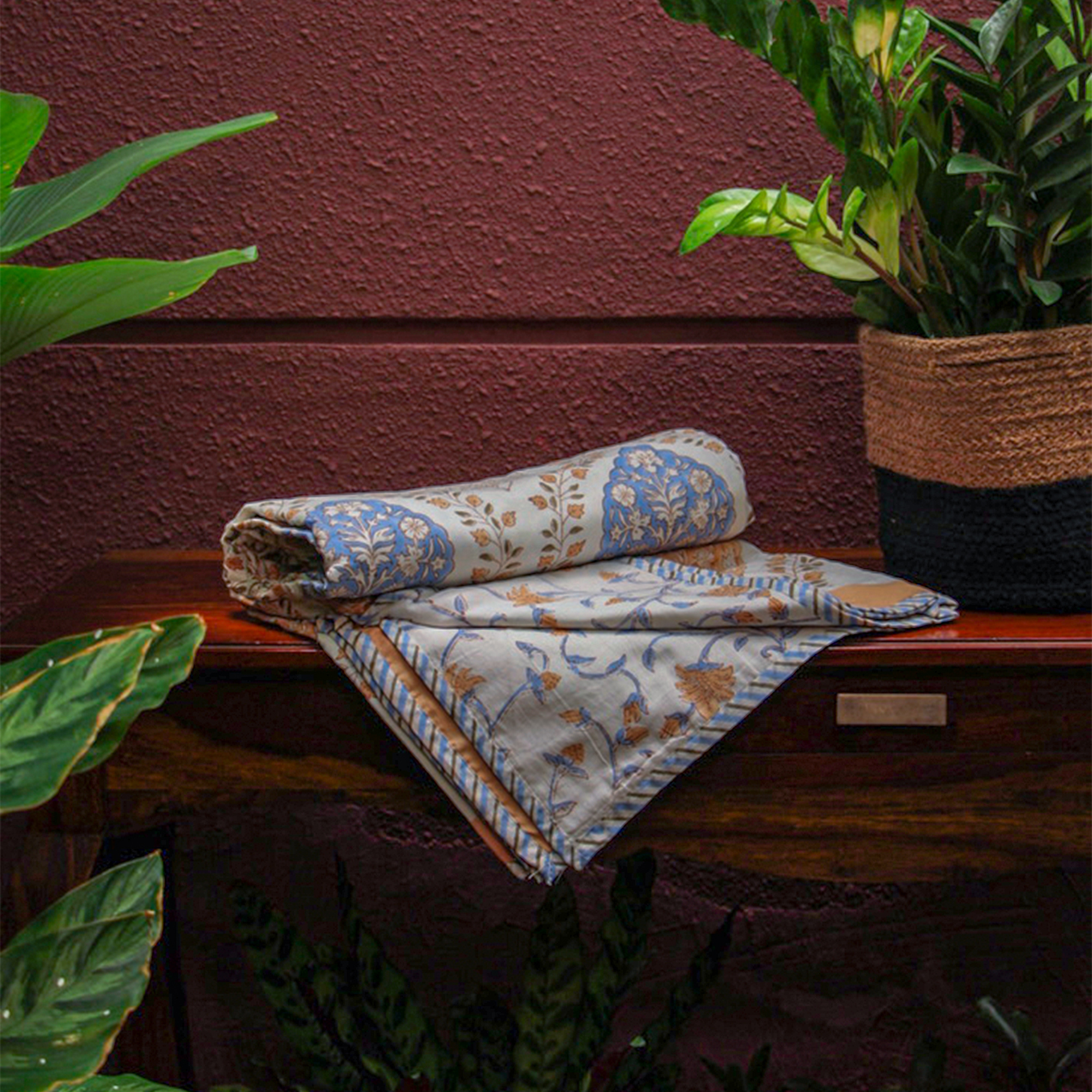 Diwali 2025 Collection - Blue Brown Jaipuri Floral Mulmul Triple Layer Reversible Dohar (Single Bed, Pair of 2) - 60X90 Inches