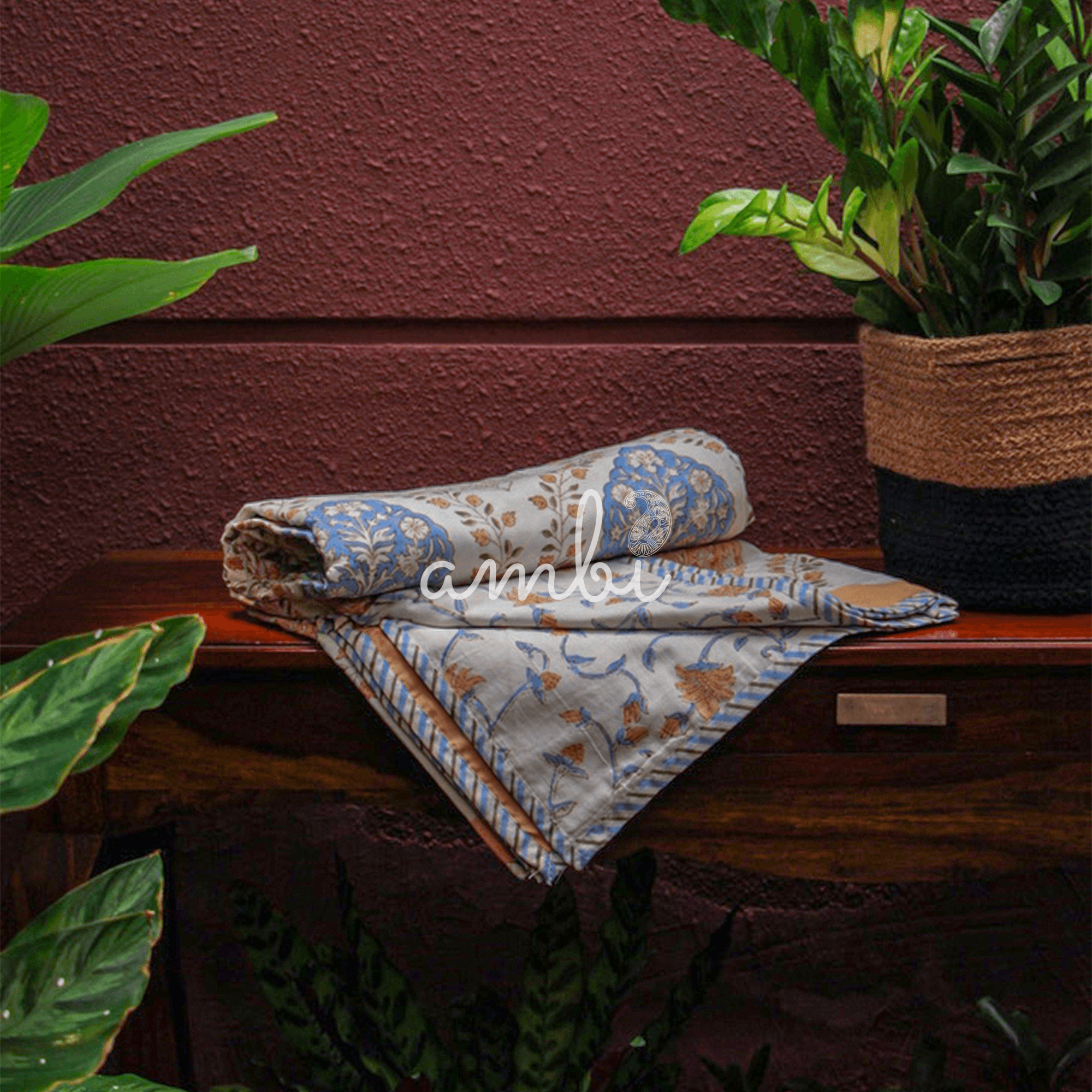 2026 Collection - Blue Brown Jaipuri Floral Mulmul Triple Layer Reversible Dohar (Single Bed, Pair of 2) - 60X90 Inches