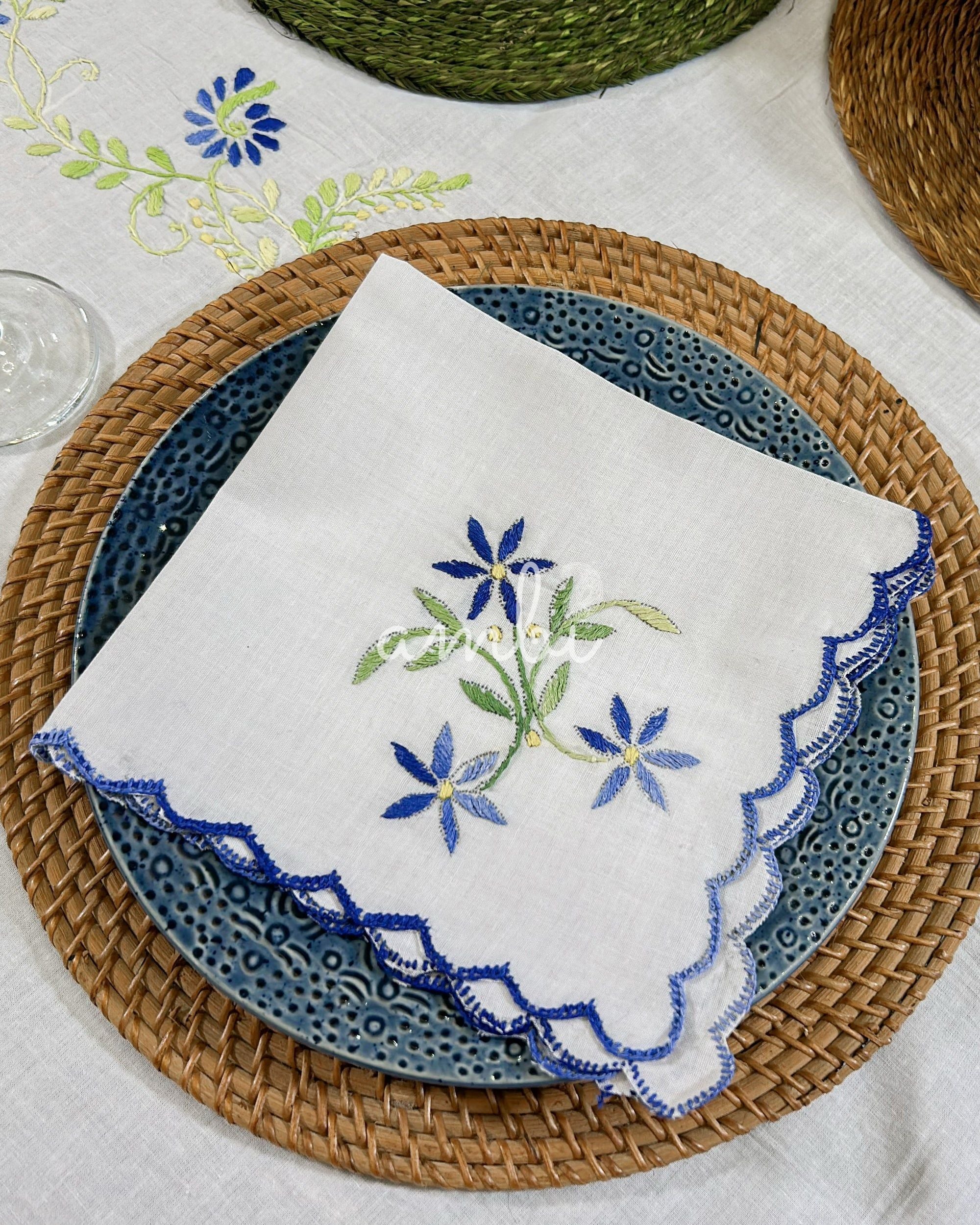 2026 Collection - Hand Embroidered Linen Napkins - Set of 6 - Green