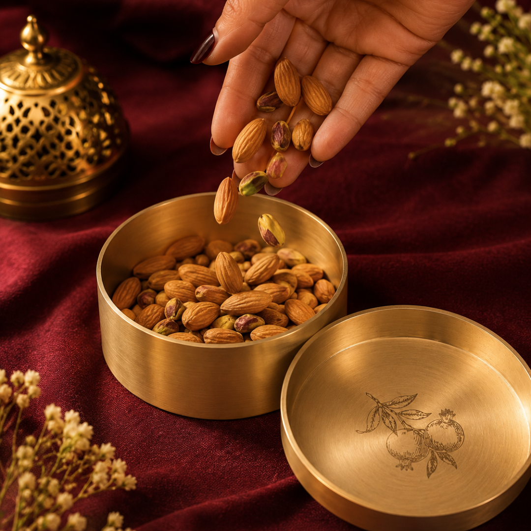 Ambi Heritage Lead Free Kansa Almond Box With Pomegranate Hand Etched Design— A Wellness Heirloom (Tiffin Box)