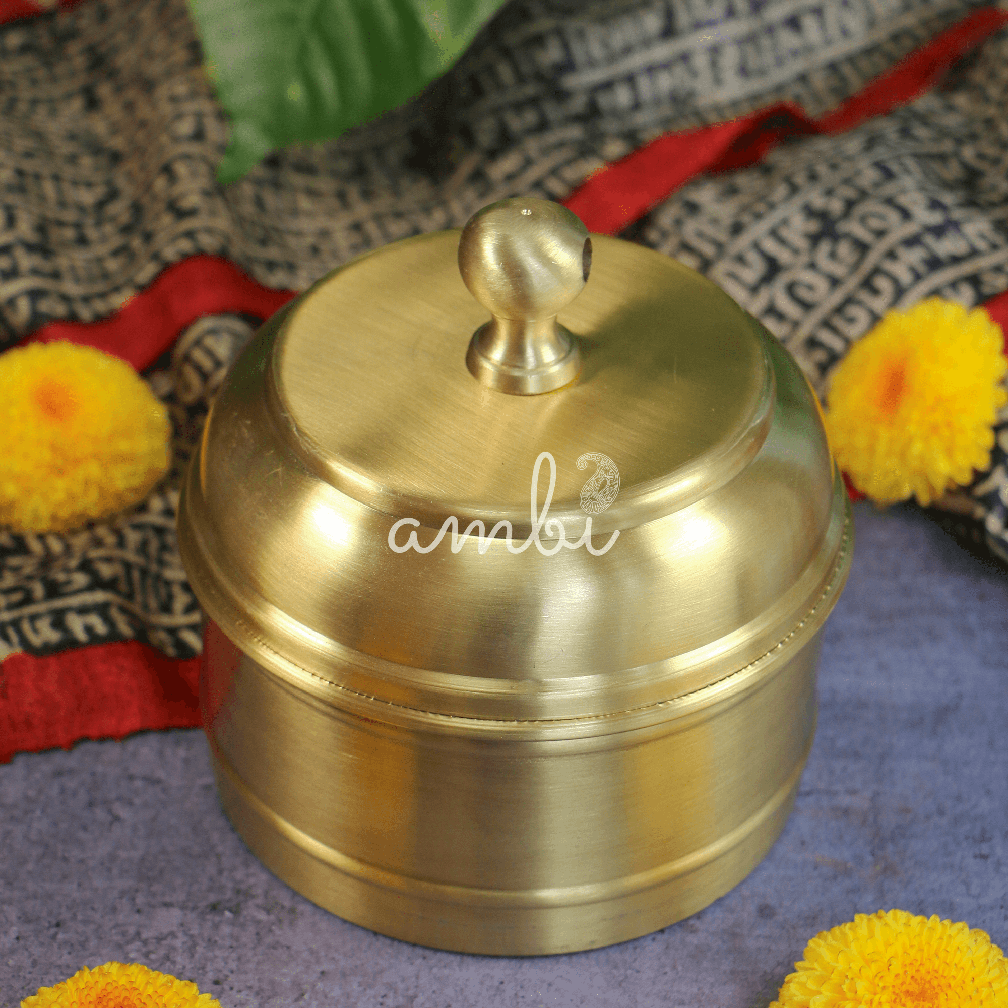 AMBI Super Elegant Pure Brass 2 Tier Tiffin Set in Matte Finish with Spoon