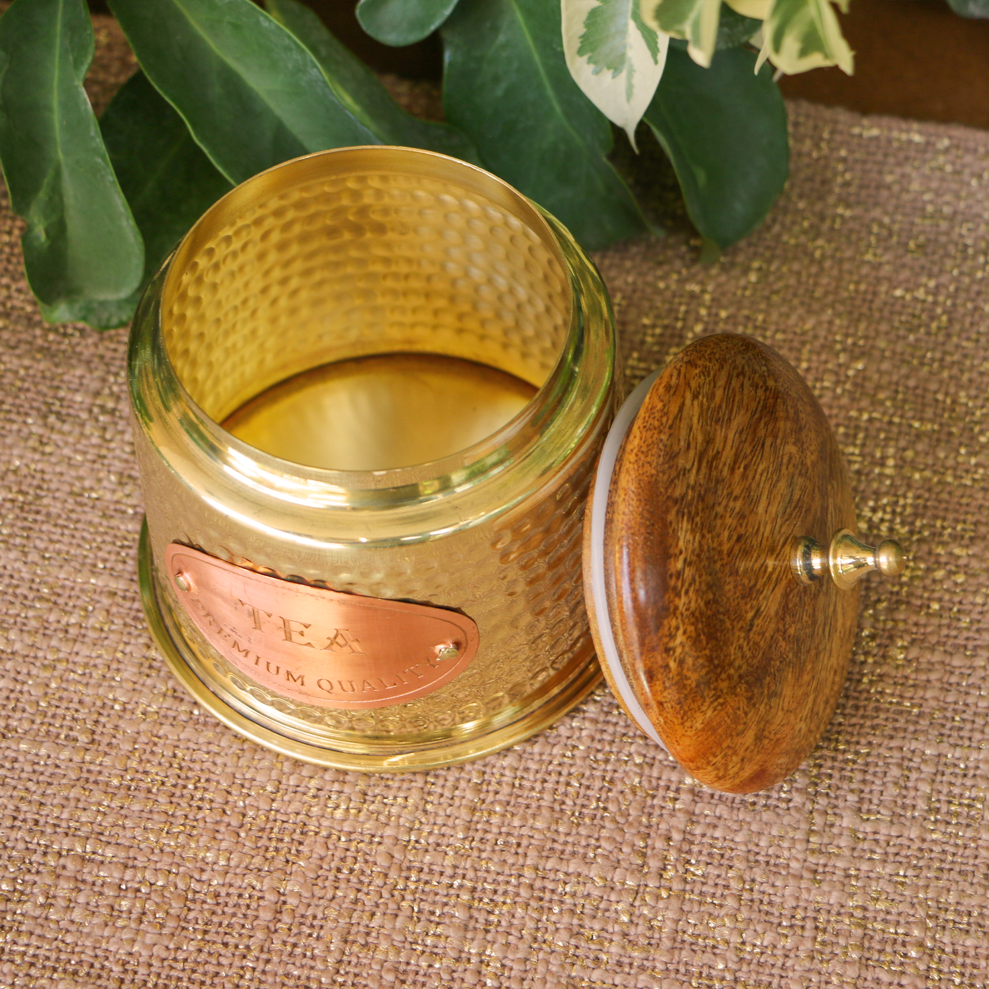 Tea Jar - Pure Brass Hammered Jar Storage container - Small - Wood Lid