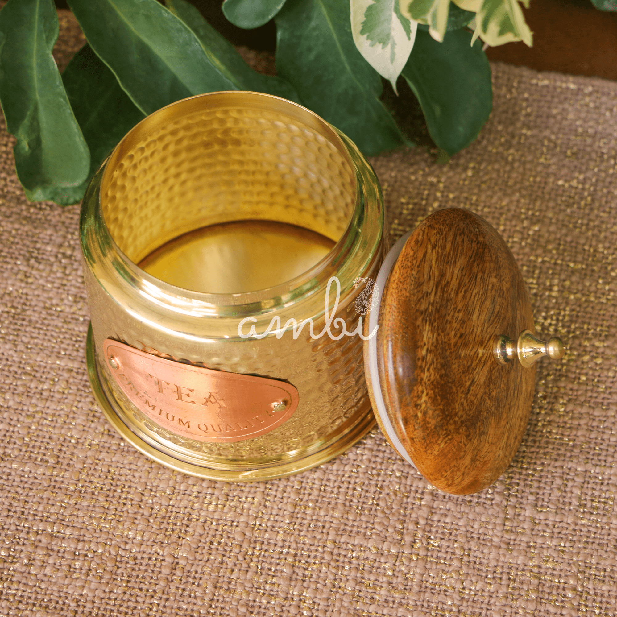 Tea Jar - Pure Brass Hammered Jar Storage container - Small - Wood Lid