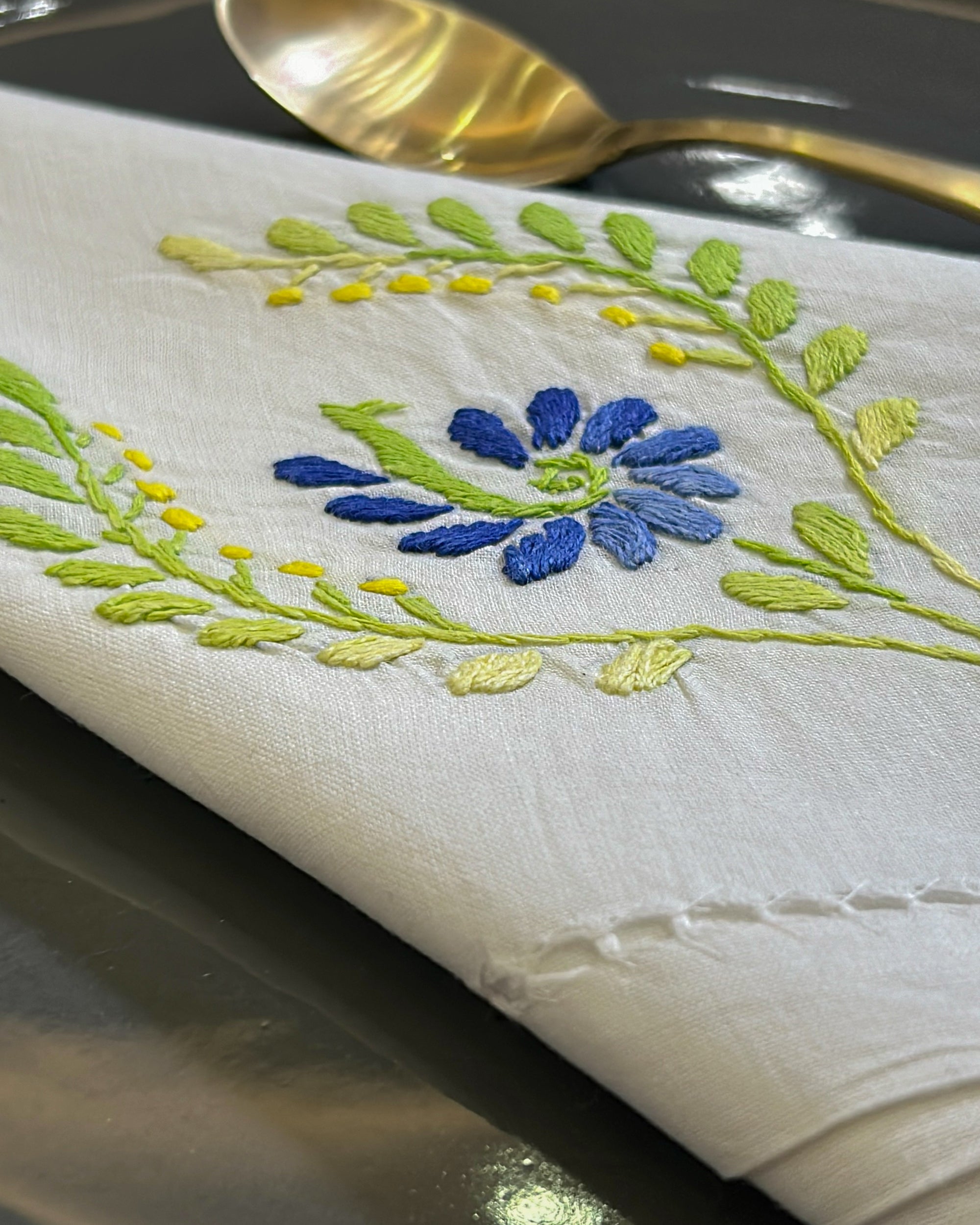 Hand Embroidered Linen Napkins Green Floral - Set of 4
