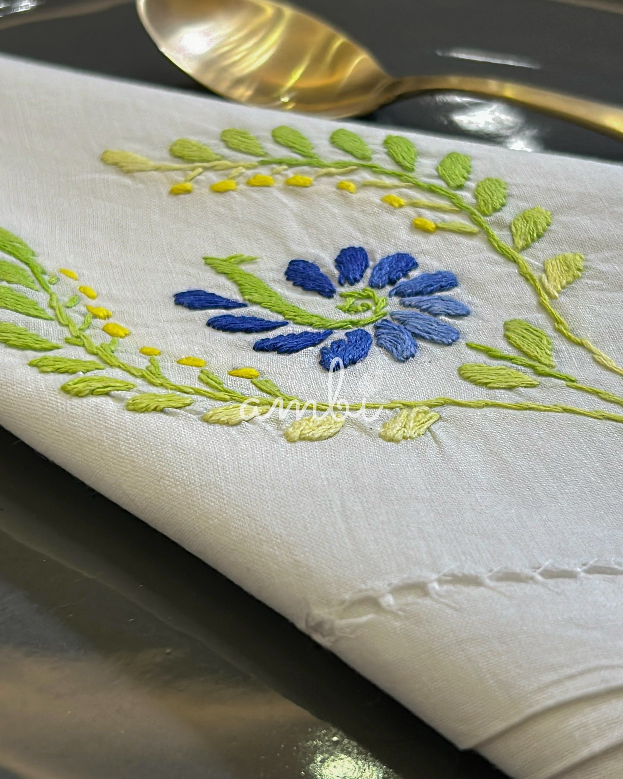 2026 Collection - Hand Embroidered Linen Napkins Green Floral - Set of 4