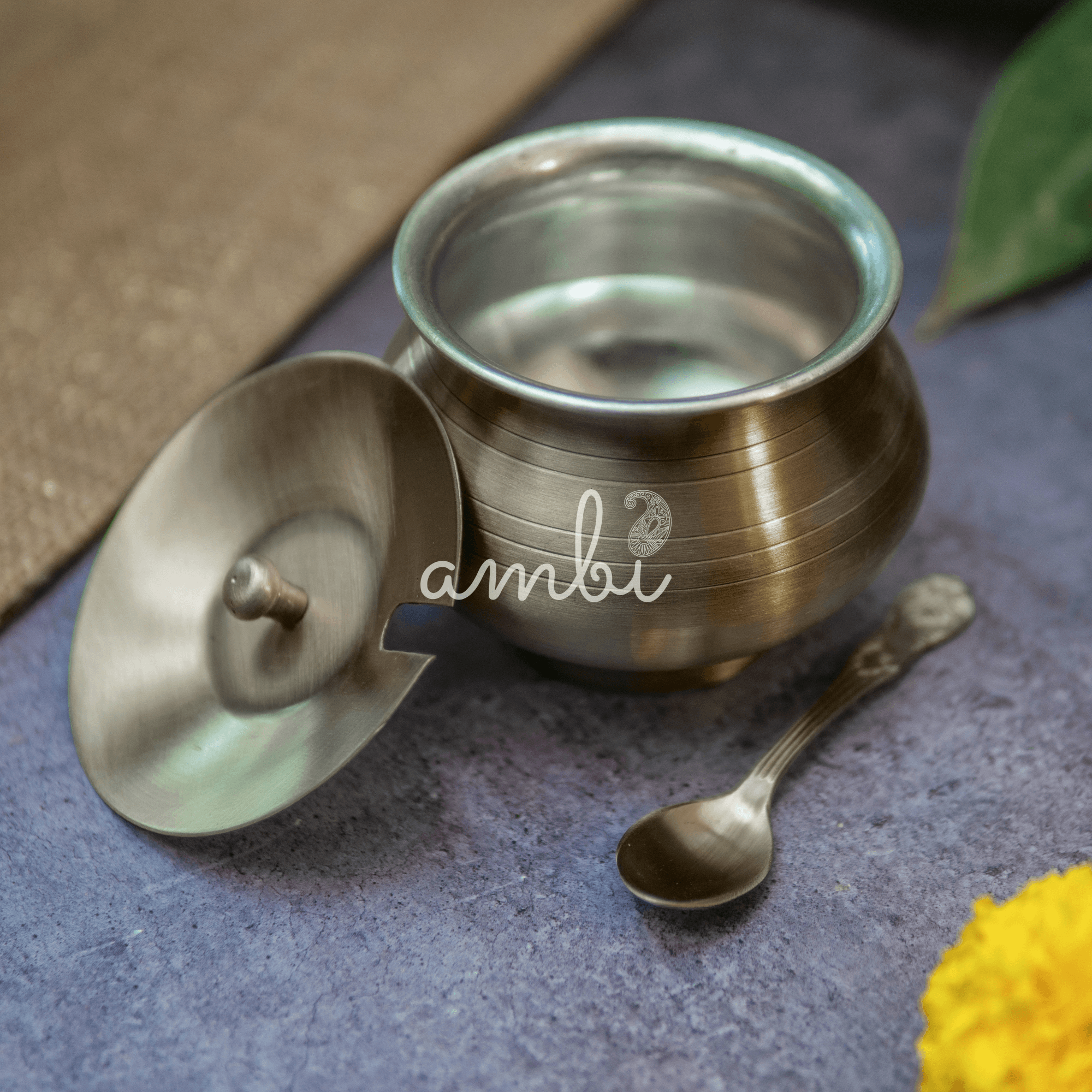 Pure Brass Ghee Pot (Matte) With Spoon - Vintage Finish Dark Brown 350 ml
