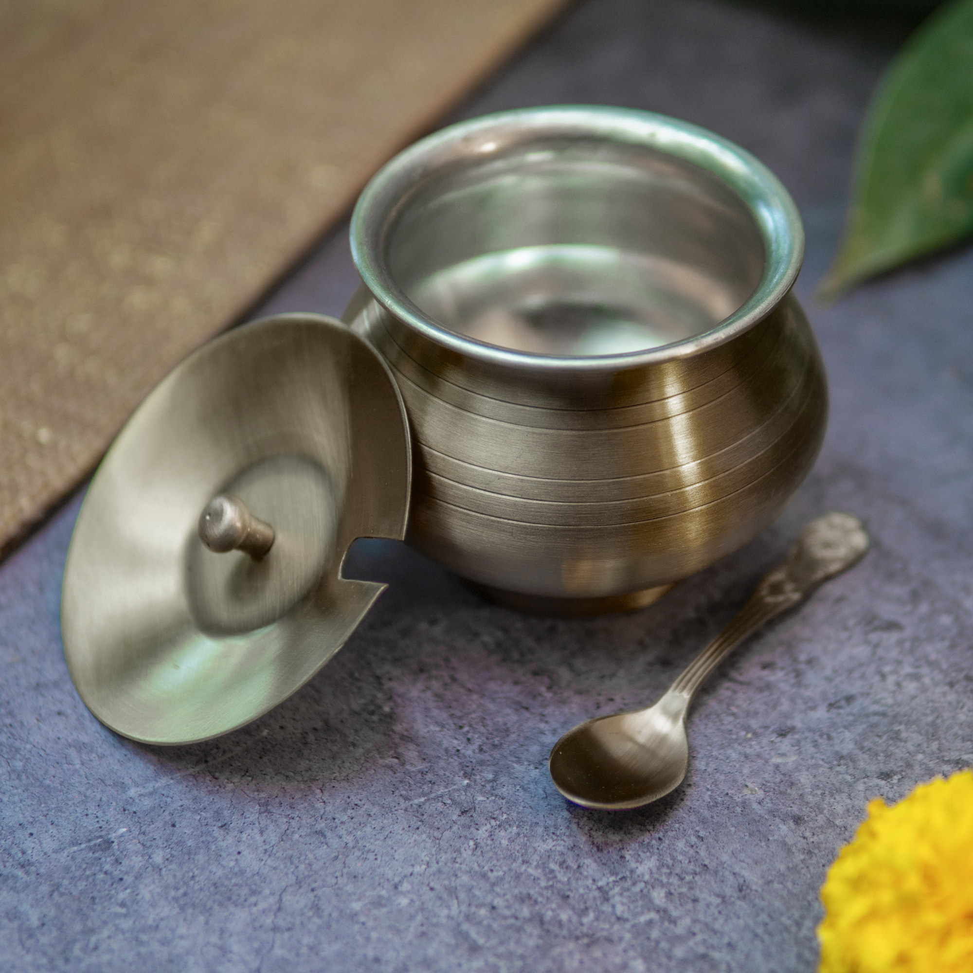 Ambi Pure Brass Ghee Pot (Matte) — Vintage Dark Brown Finish | 350ml with Spoon