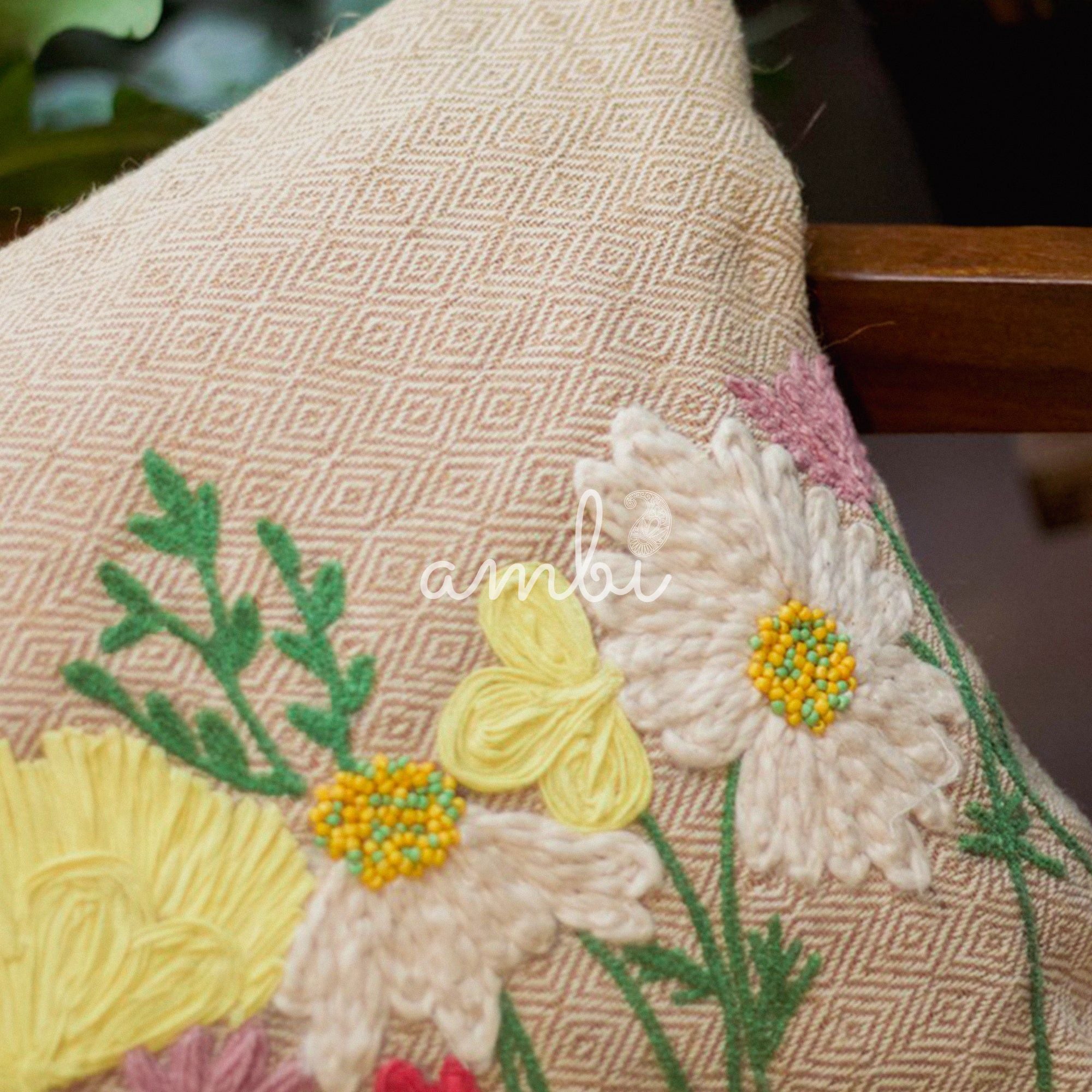 2026 Collection - Hand-Embroidered Flower Cushion Covers - Set of 2 - 14X20 inches