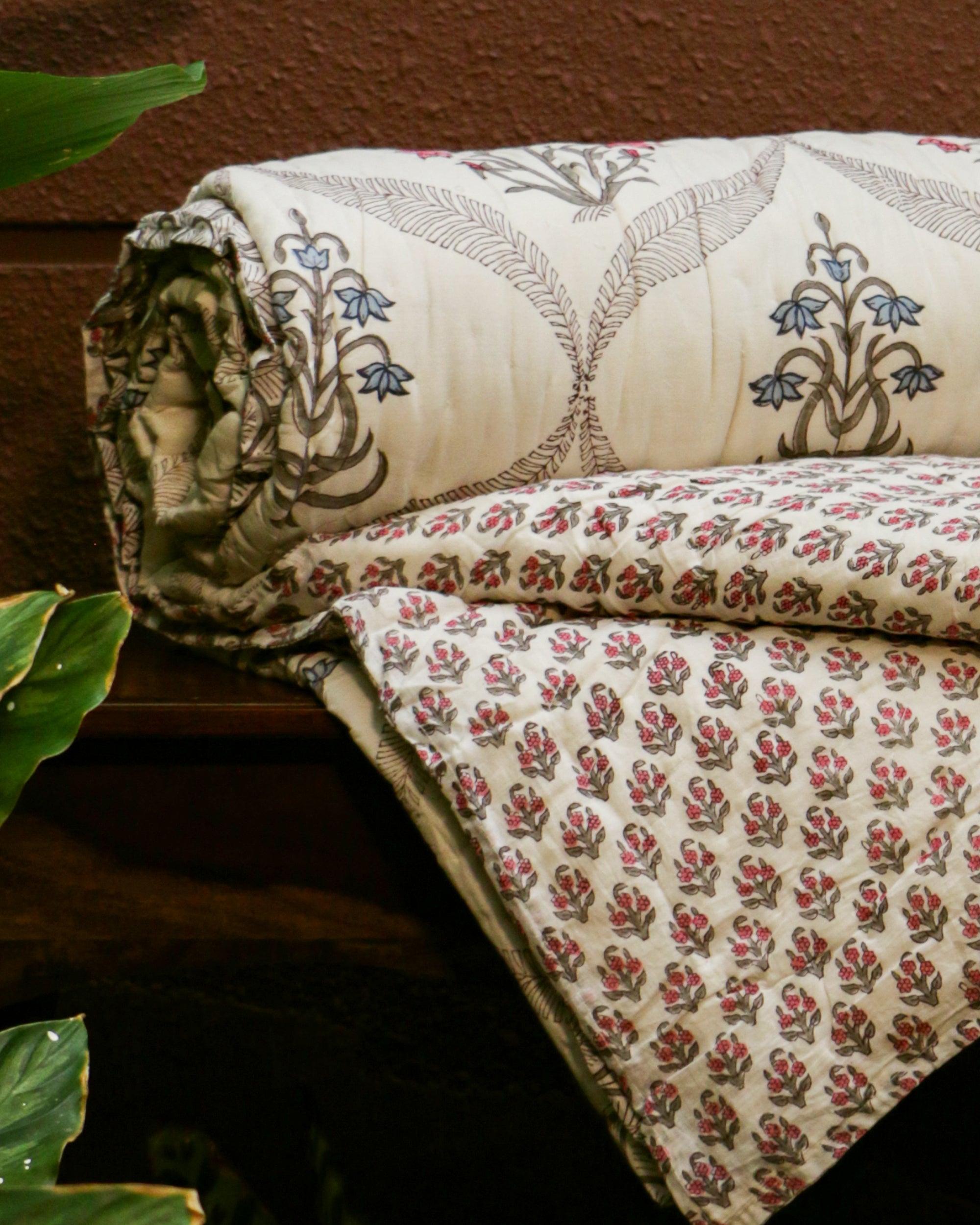 Diwali 2025 Collection - Red Blue Floral Hand Block Printed Jaipuri Rajai / Quilt- Double - 90X108 Inches