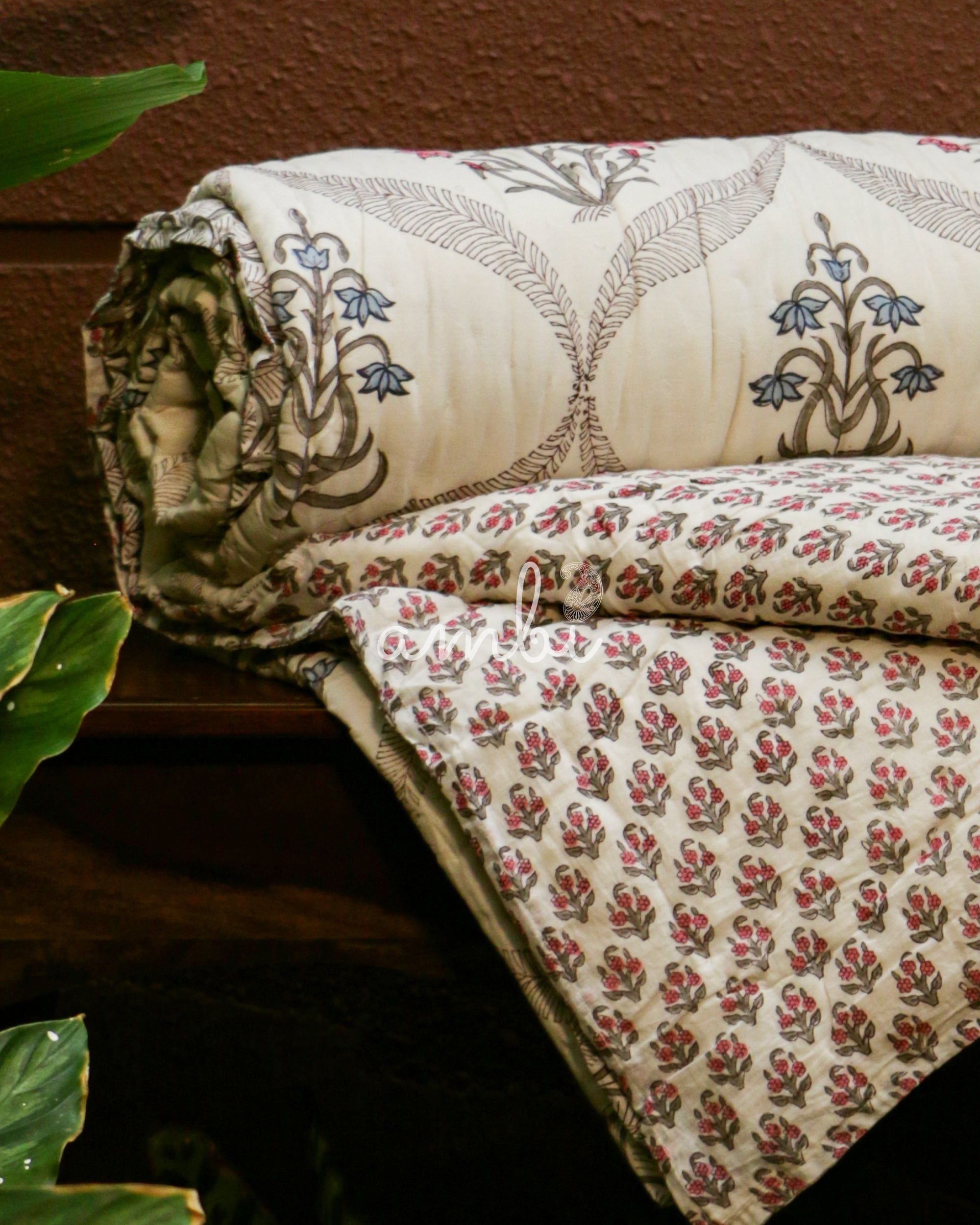 2026 Collection - Red Blue Floral Hand Block Printed Jaipuri Rajai / Quilt- Double - 90X108 Inches