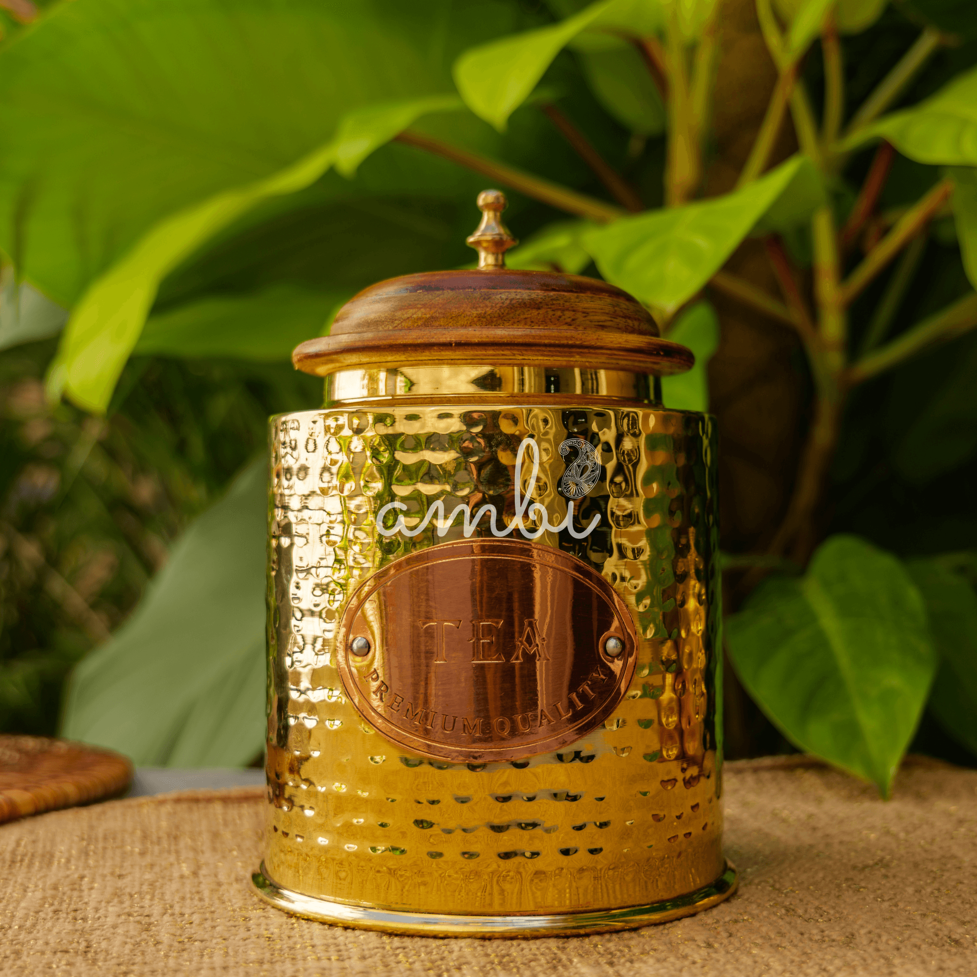 Tea Jar - Pure Brass Hammered Jar Storage Container - Large - Wood Lid