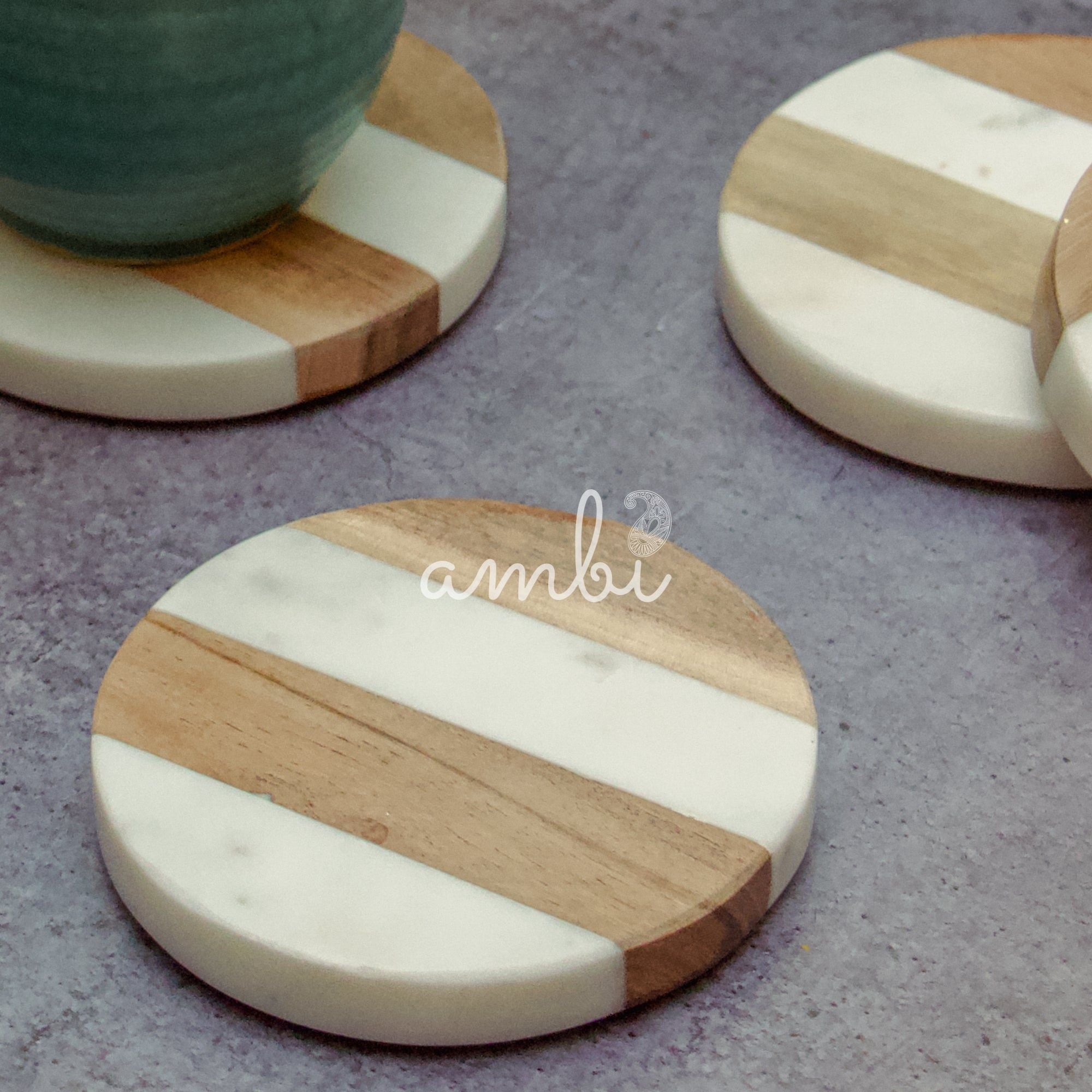 Original Makrana Marble Wood Inlay Coasters - Set of 2