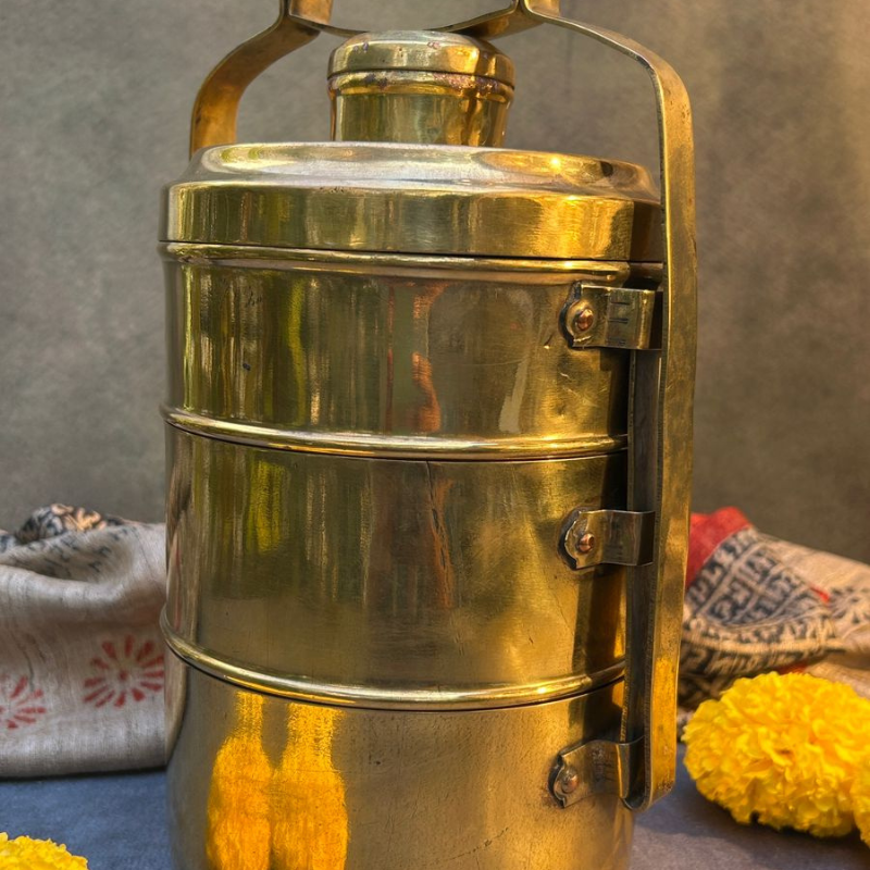Elegant Handcrafted Vintage Brass Three Tier Tiffin Set