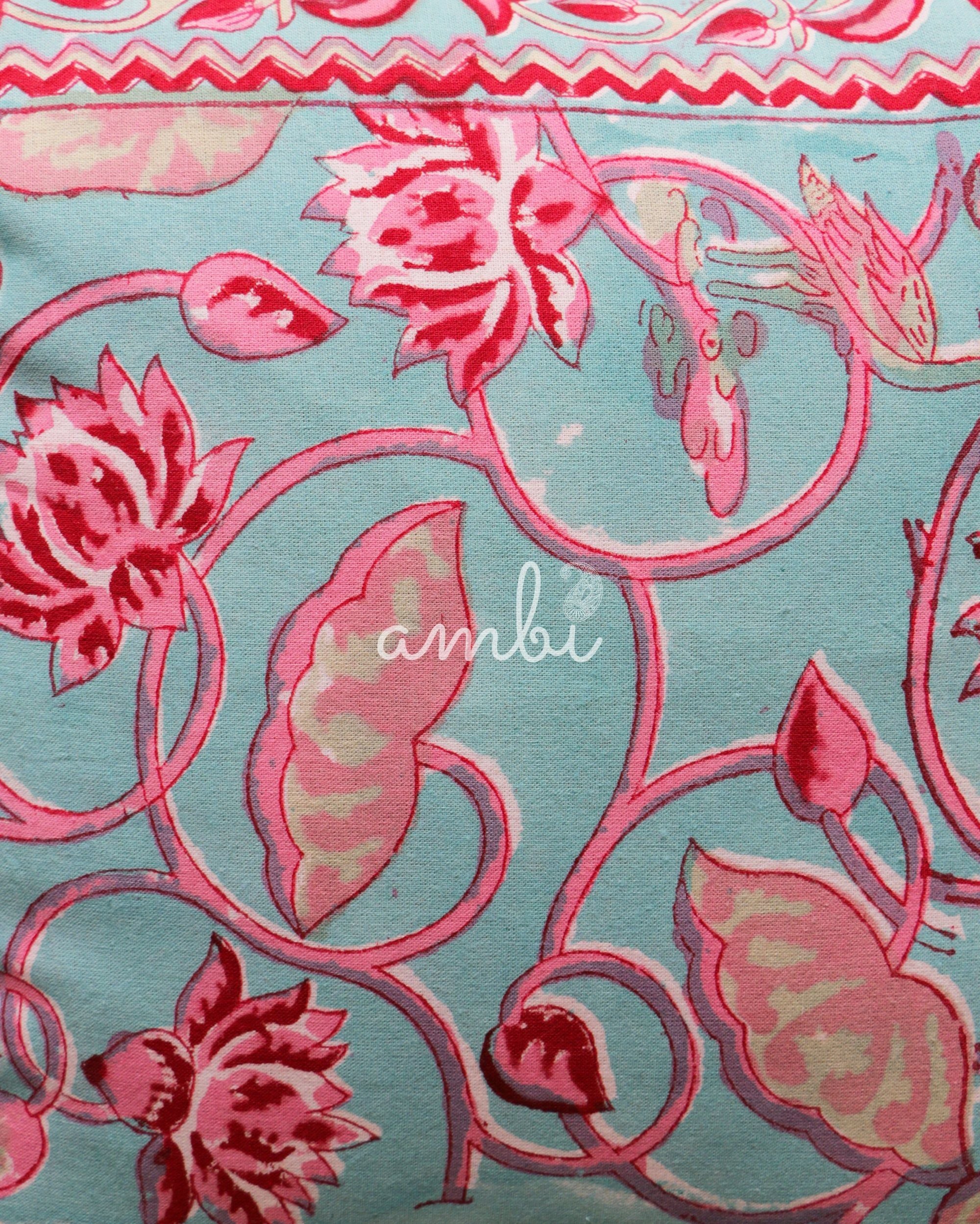 2026 Collection - Hand Block Printed Double Side Cushion Cover Pink & Cyan (Set of 4) - 16 X 16 inches