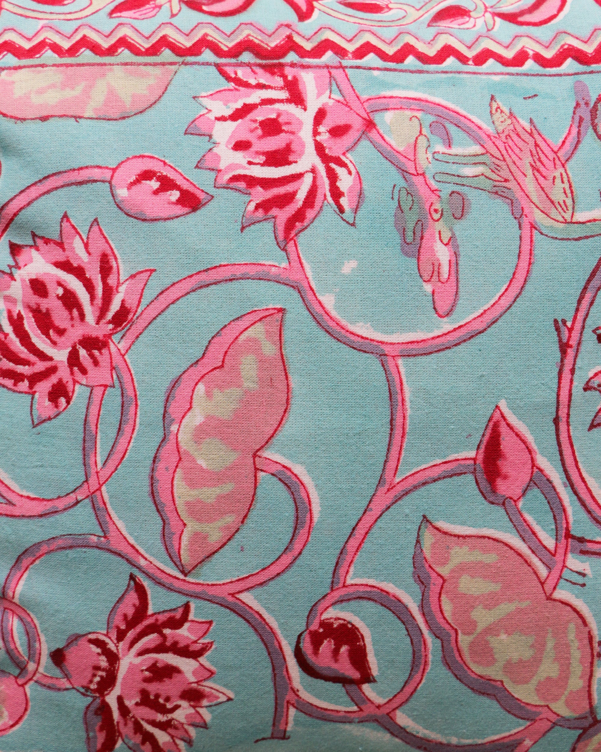 2026 Collection - Hand Block Printed Double Side Cushion Cover Pink & Cyan (Set of 4) - 16 X 16 inches