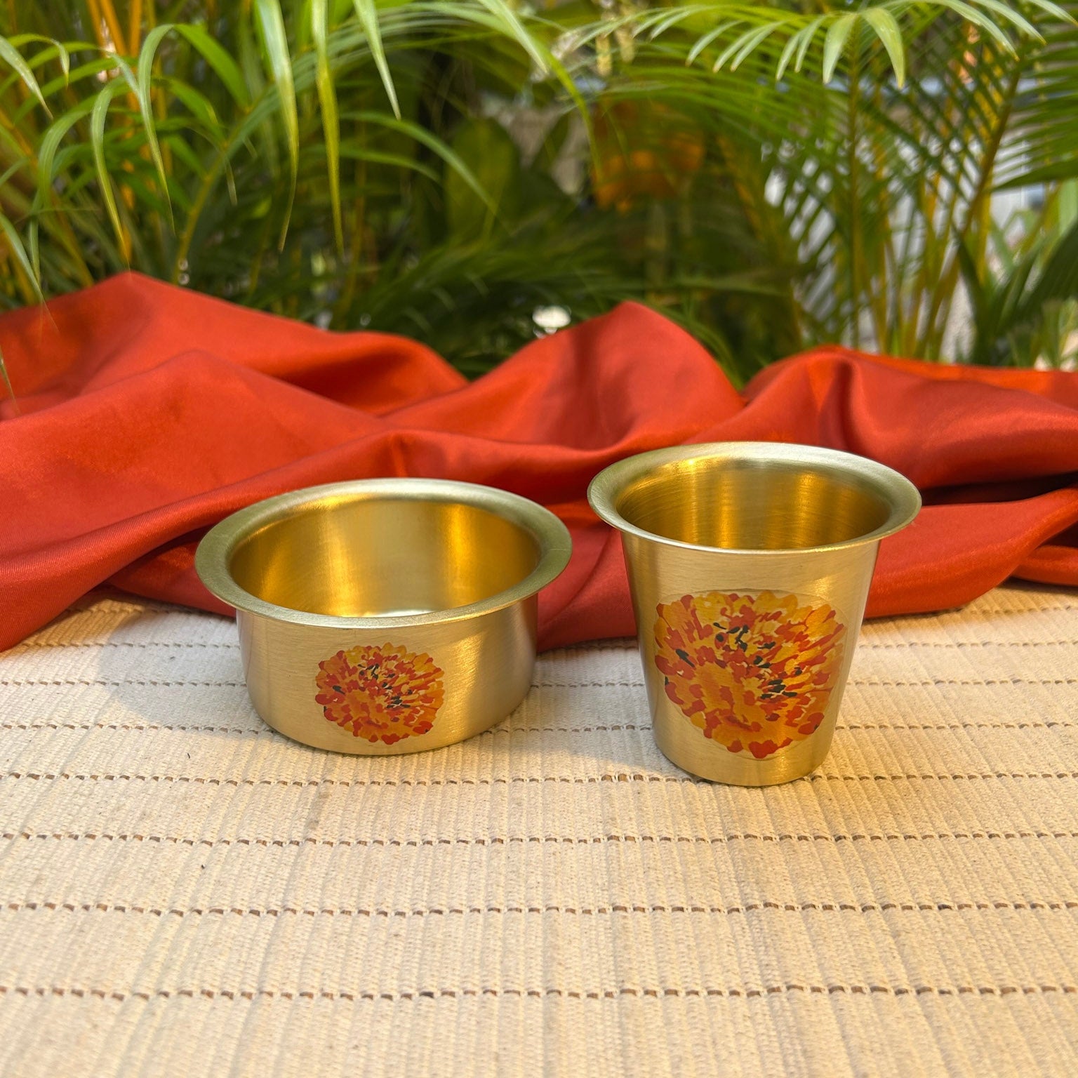 Ambi Pure Brass Marigold Hand-Painted South Indian Coffee Dabara Set