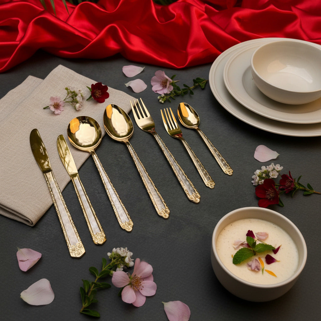 Ambi Pure Brass Cutlery Set of 7 | Opulent Gold Finish |
