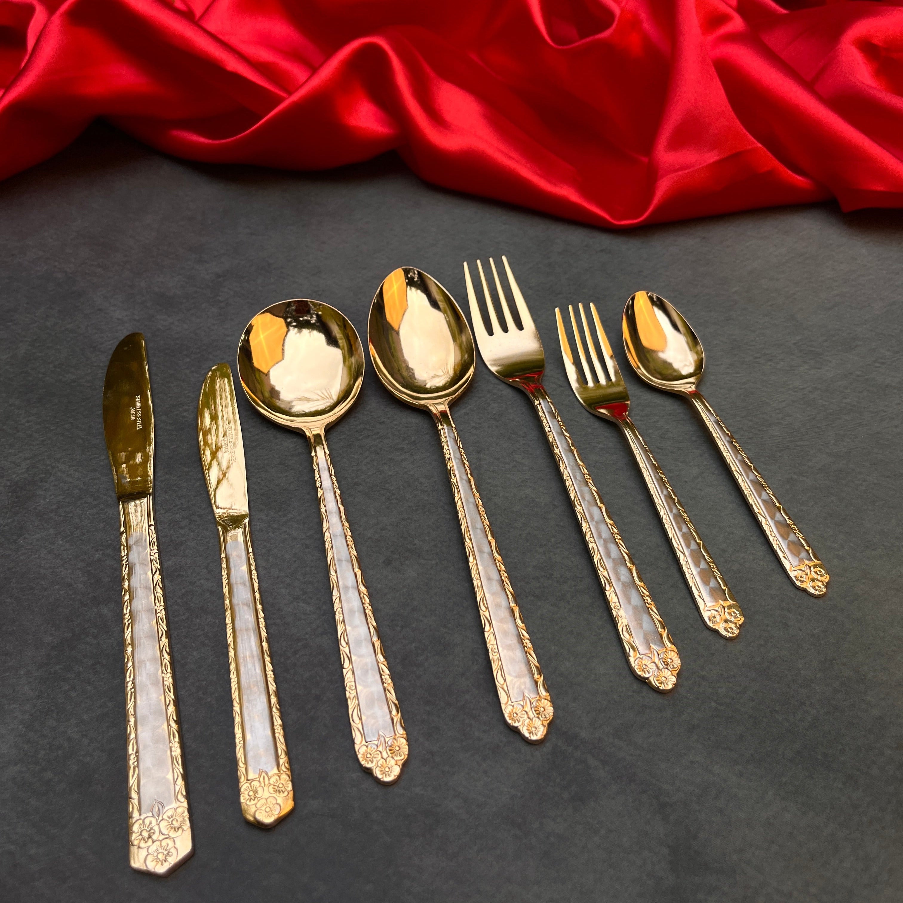 Ambi Pure Brass Cutlery Set of 7 | Opulent Gold Finish |