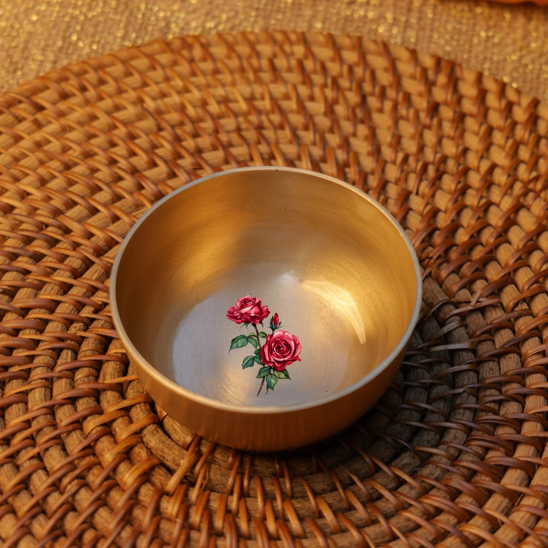 AMBI Lead Free 100% Pure Kansa Small Floral Hand Painted Rose Design Bowl - 3.5 Inch - 180 ML