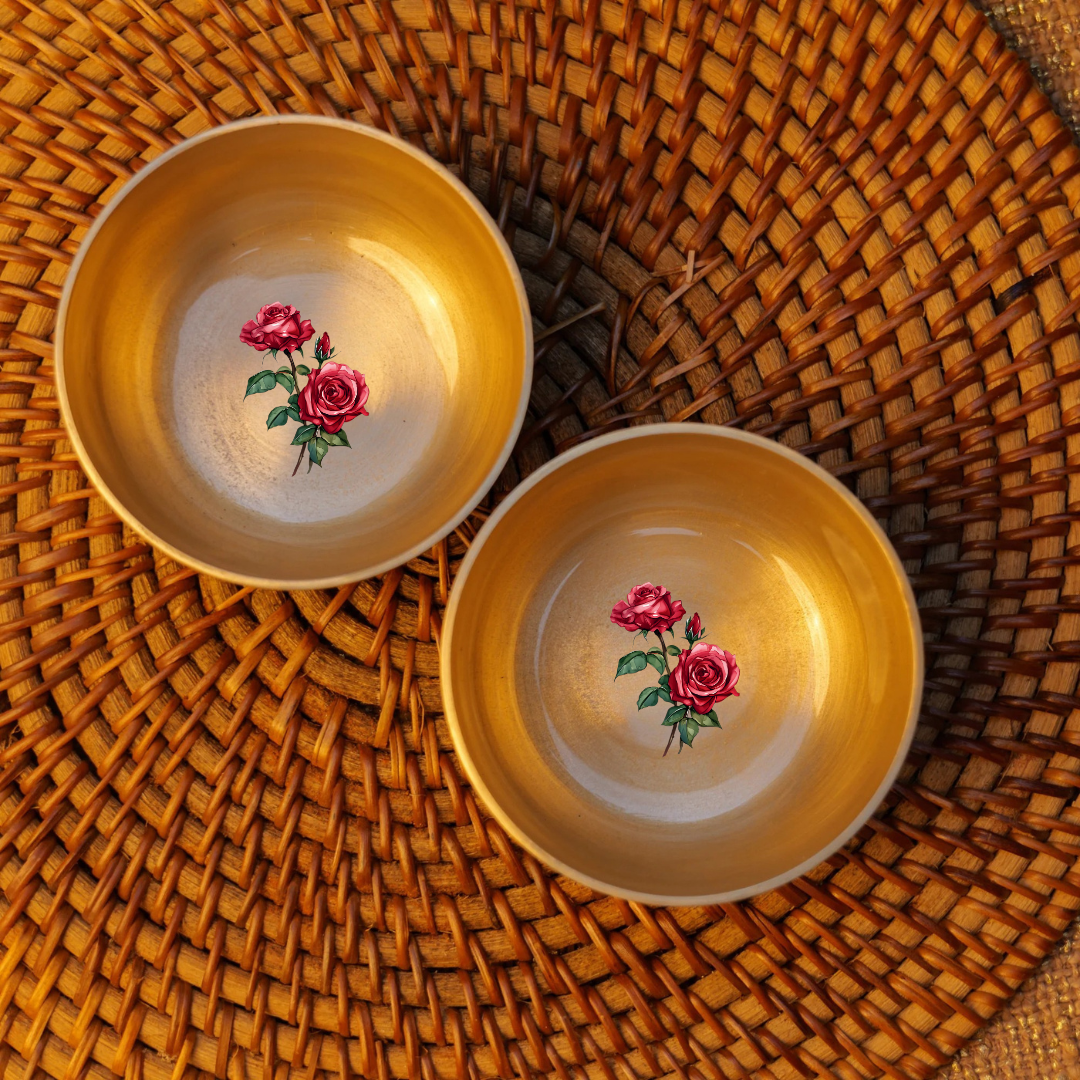 AMBI Lead Free 100% Pure Kansa Small Floral Hand Painted Rose Design Bowl - 3.5 Inch - 180 ML