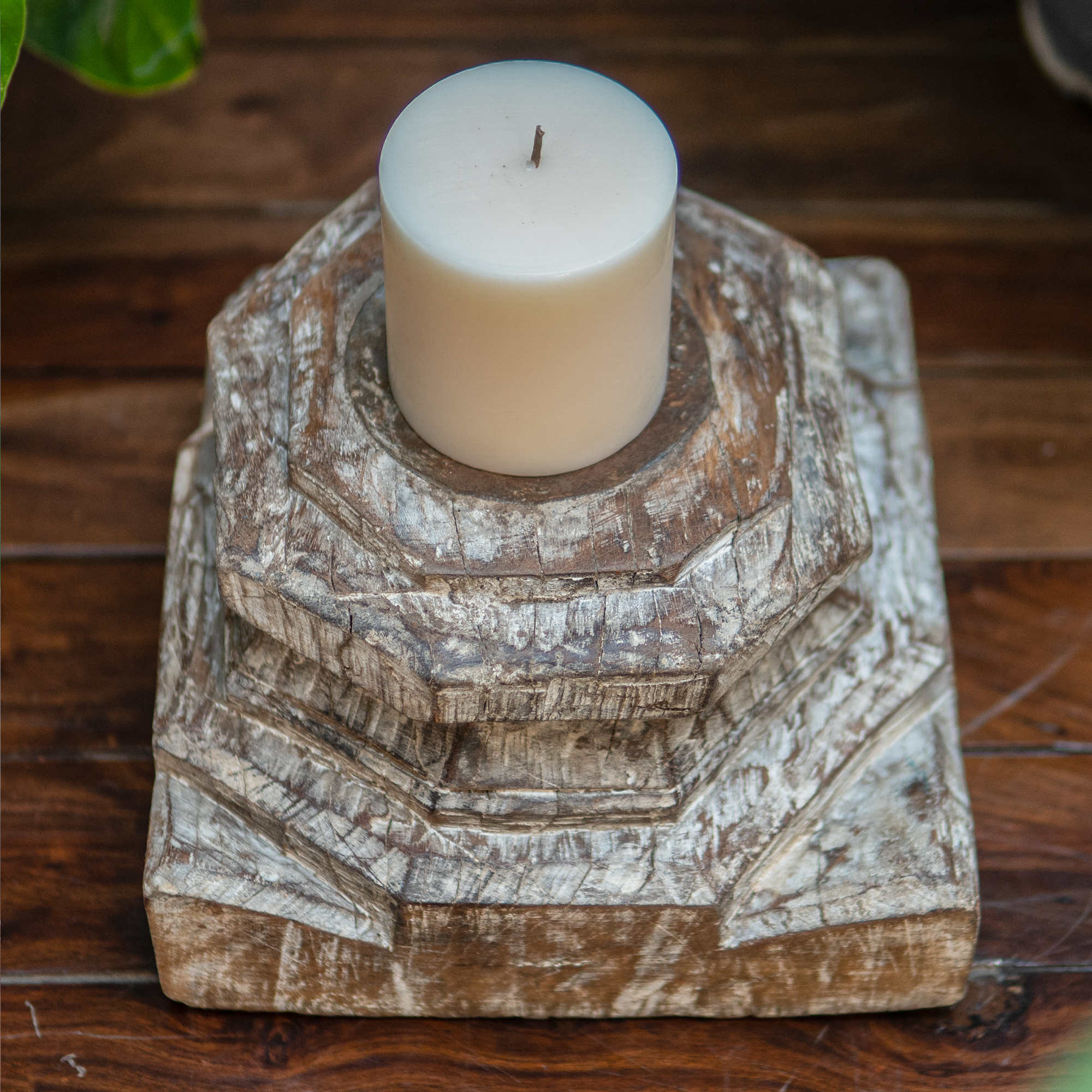 Vintage Wooden Distressed Candle Stand in White