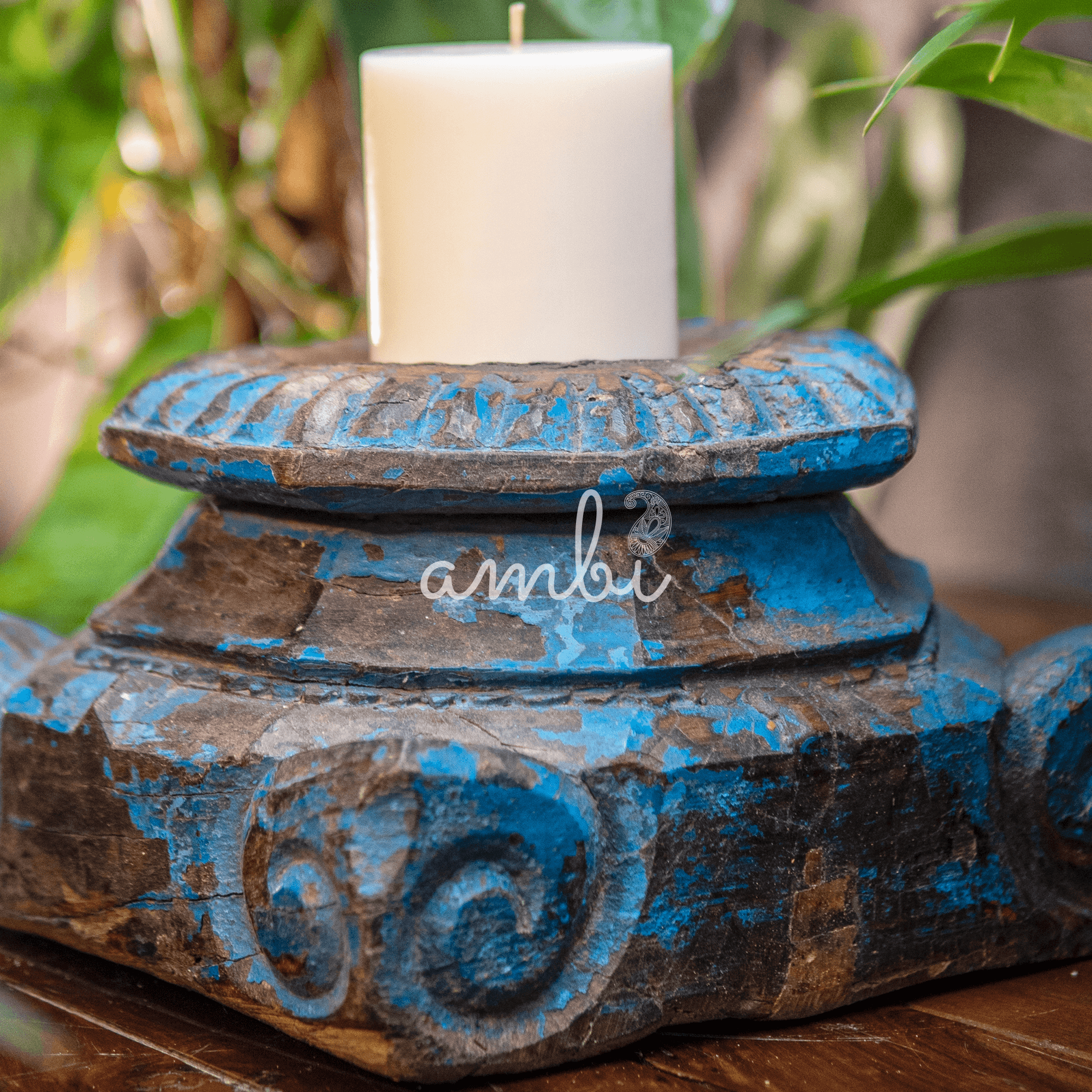 Vintage Wooden Distressed Candle Stand in Blue Rust Look