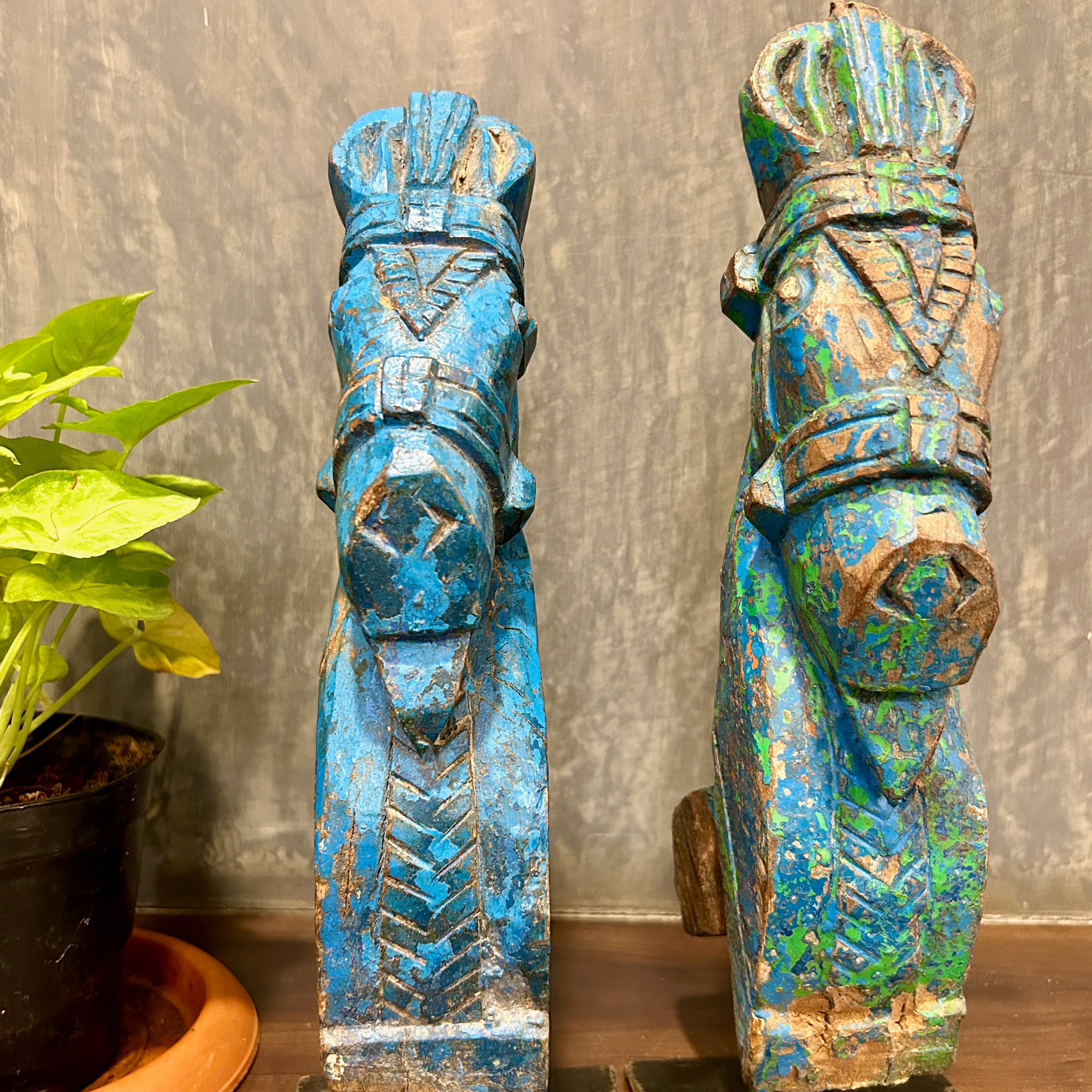 Hand Crafted Wooden Horses With Stand (Blue) - Pair of 2 - collectors items