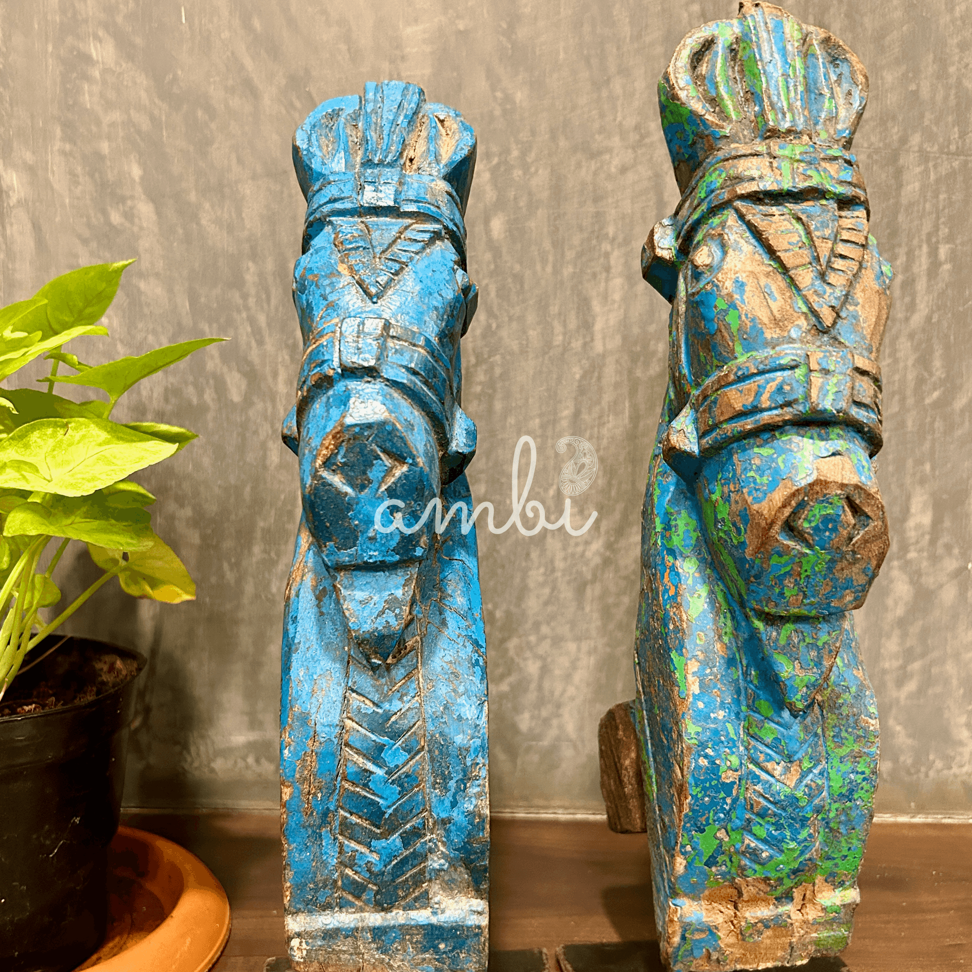 Hand Crafted Wooden Horses With Stand (Blue) - Pair of 2 - collectors items