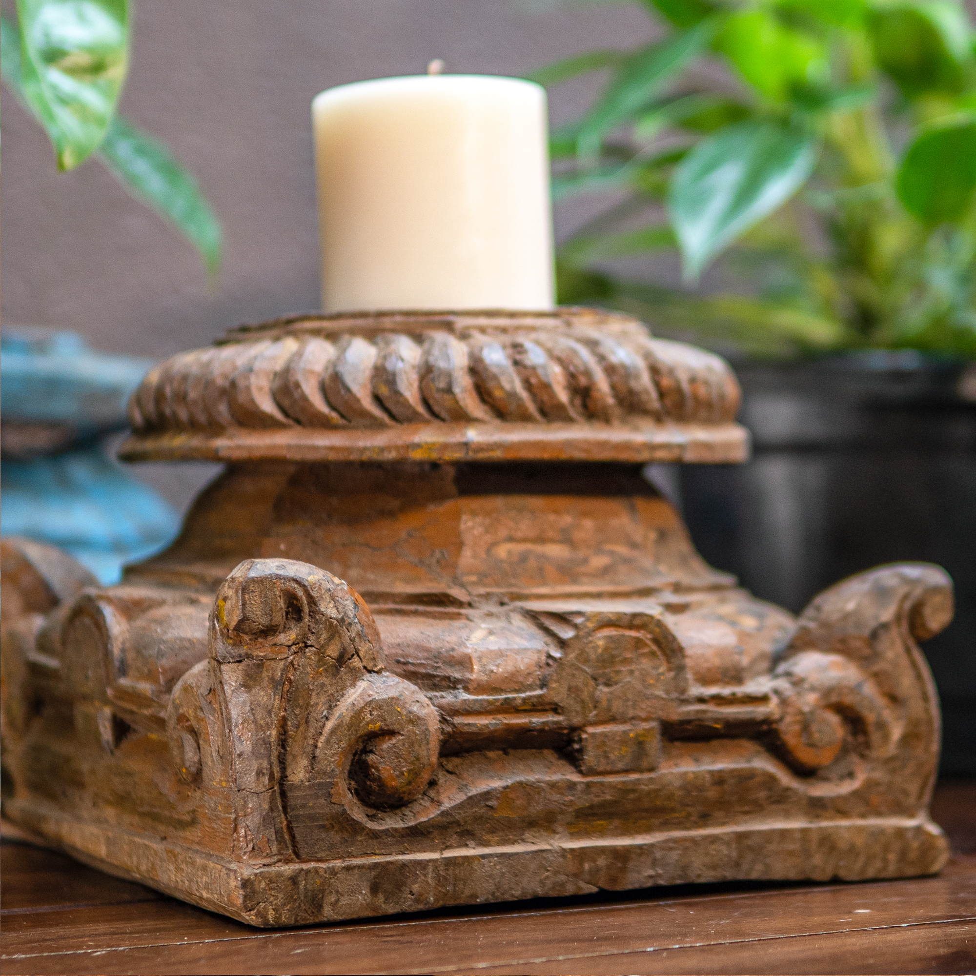Heavy Vintage Handcrafted Distressed Look Wood Bracket Candle Stand