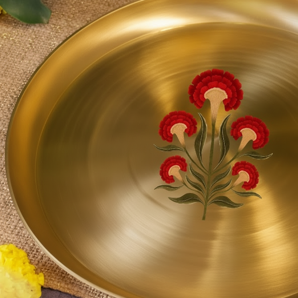 AMBI 100% Pure Kansa Floral Hand Painted Finish Dining Plate / Thali / Pooja Plate - 12 inches 1kg Curved Edge