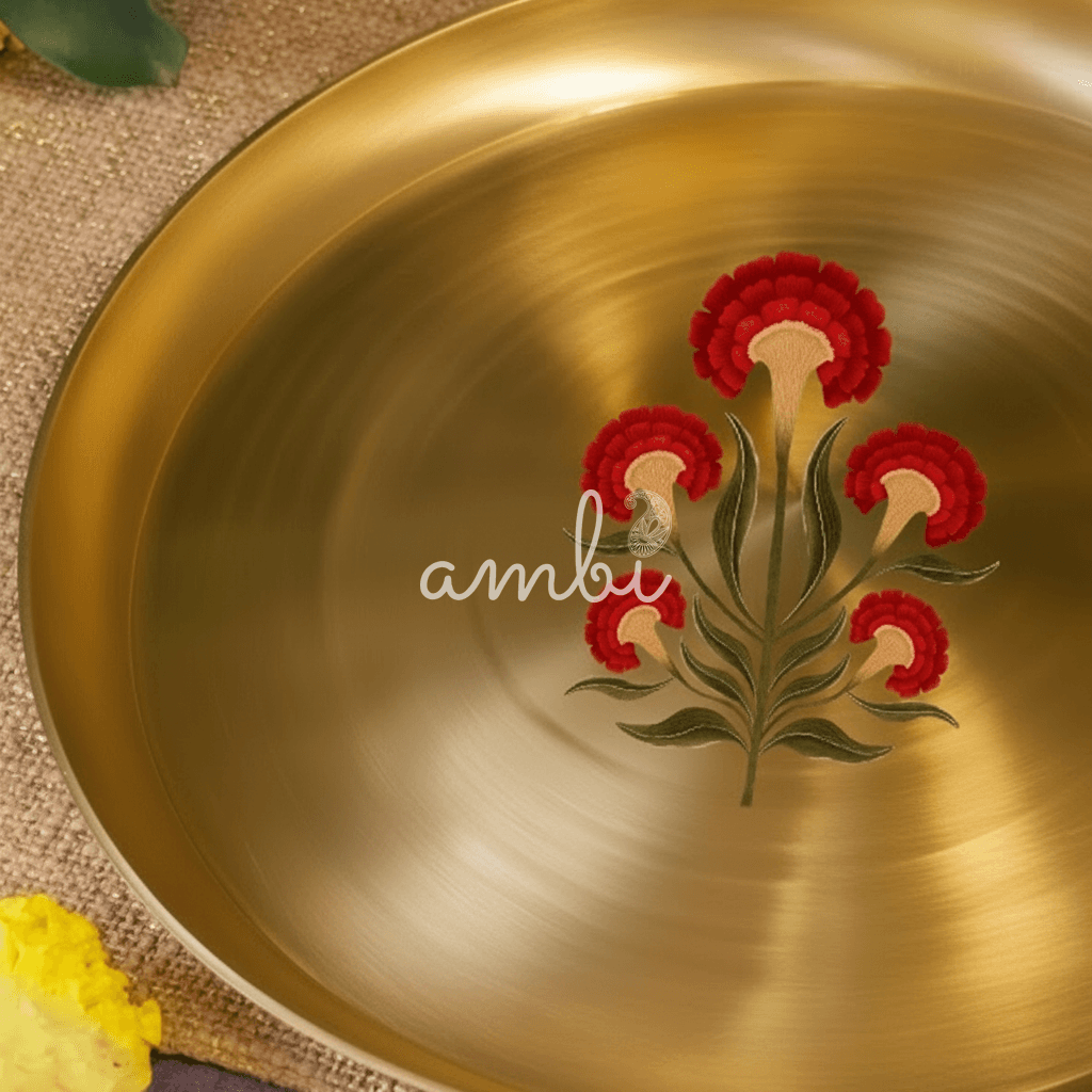 AMBI 100% Pure Kansa Floral Hand Painted Finish Dining Plate / Thali / Pooja Plate Curved Edge - - 11.5 Inch
