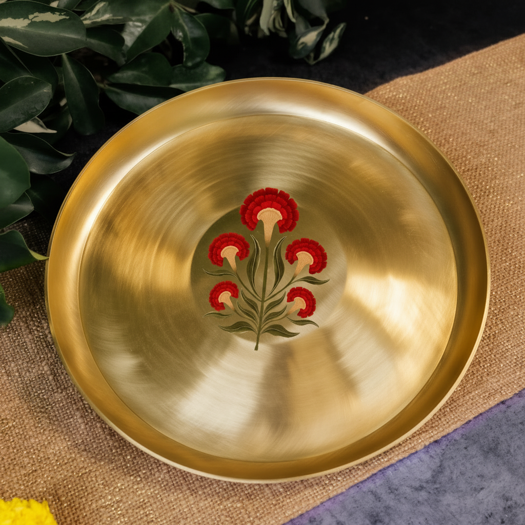 AMBI 100% Pure Kansa Floral Hand Painted Finish Dining Plate / Thali / Pooja Plate - 12 inches 1kg Curved Edge