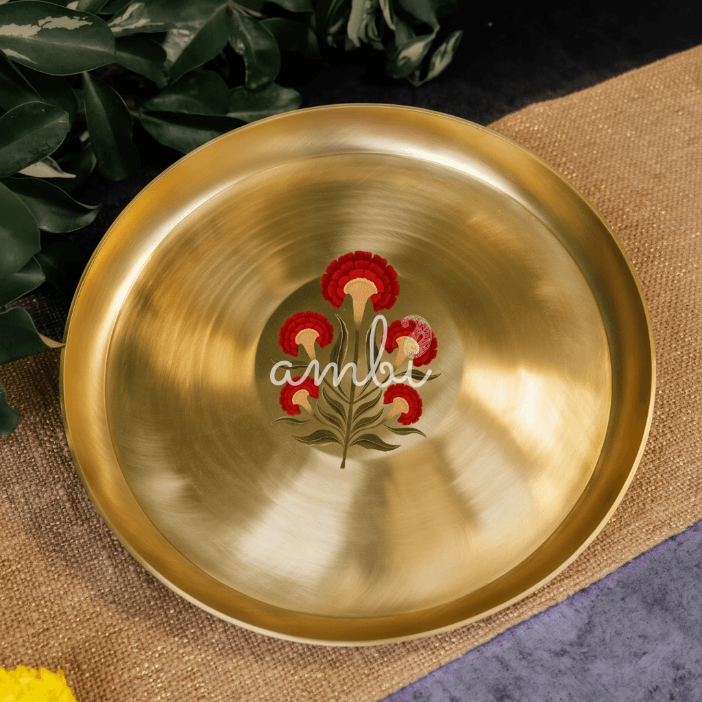 AMBI 100% Pure Kansa Floral Hand Painted Finish Dining Plate / Thali / Pooja Plate Curved Edge - - 11.5 Inch