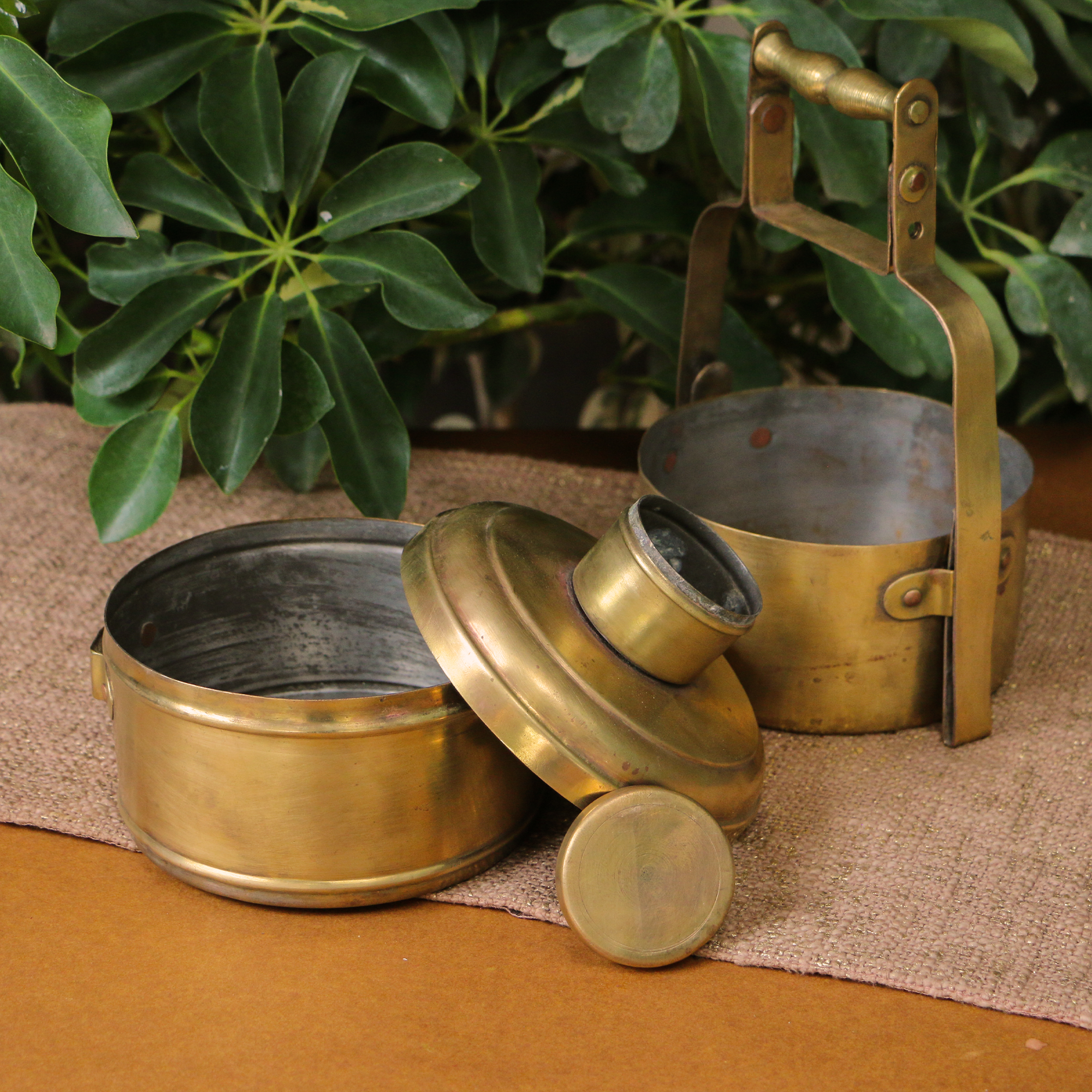 Elegant Handcrafted Vintage Brass Two Tier Tiffin Set