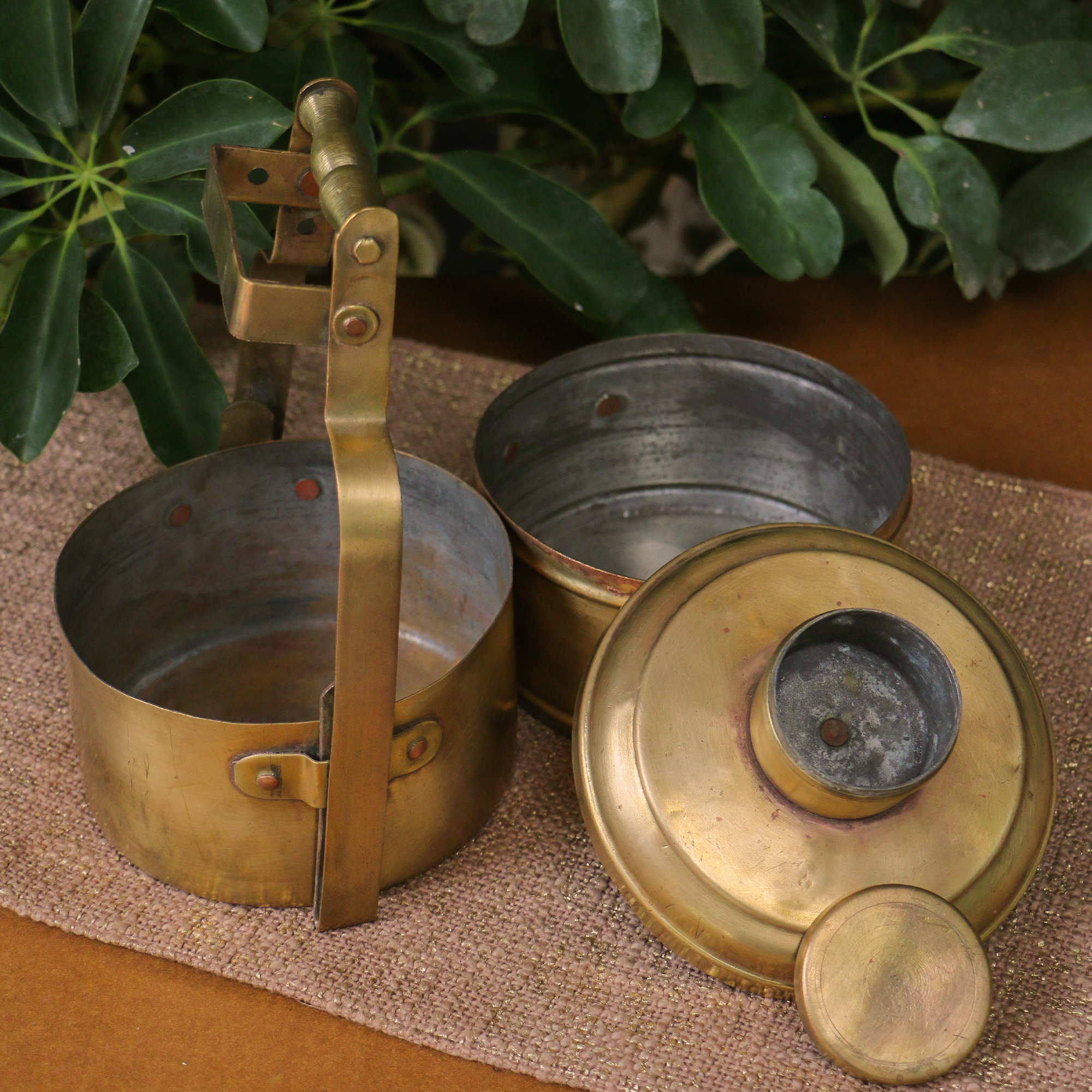 Elegant Handcrafted Vintage Brass Two Tier Tiffin Set