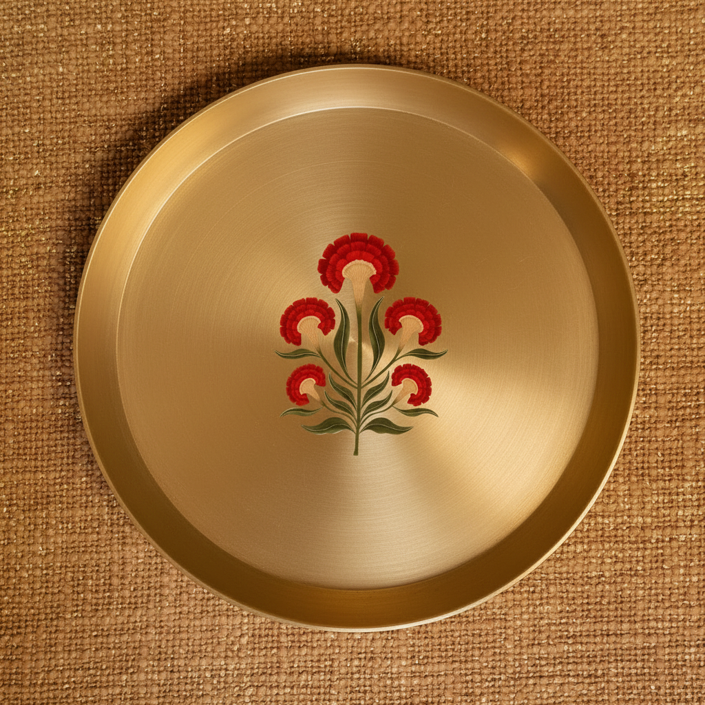 AMBI 100% Pure Kansa Floral Hand Painted Finish Dining Plate / Thali / Pooja Plate - 12 inches 1kg Curved Edge