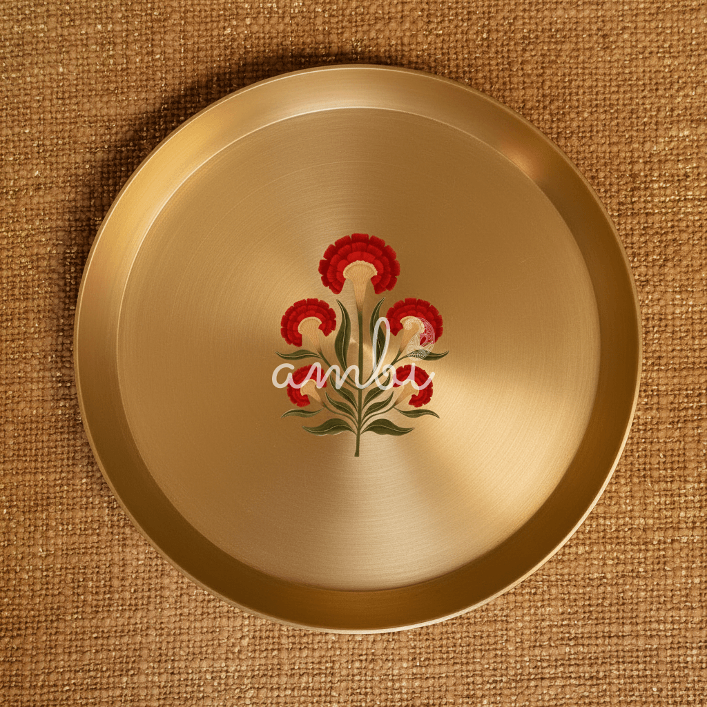 AMBI 100% Pure Kansa Floral Hand Painted Finish Dining Plate / Thali / Pooja Plate Curved Edge - - 11.5 Inch