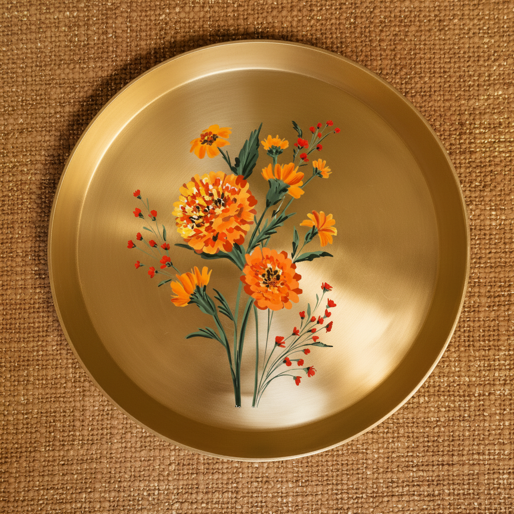AMBI 100% Pure Kansa Marigold Hand Painted Finish Dining Plate / Thali / Pooja Plate - 12 inches 1kg Curved Edge