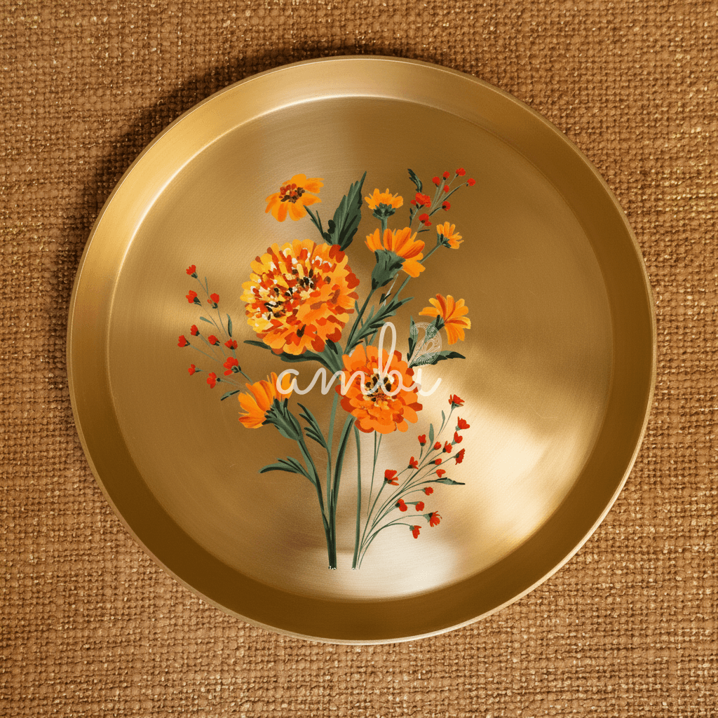 AMBI 100% Pure Kansa Marigold Hand Painted Finish Dining Plate / Thali / Pooja Plate Curved Edge - - 11.5 Inch