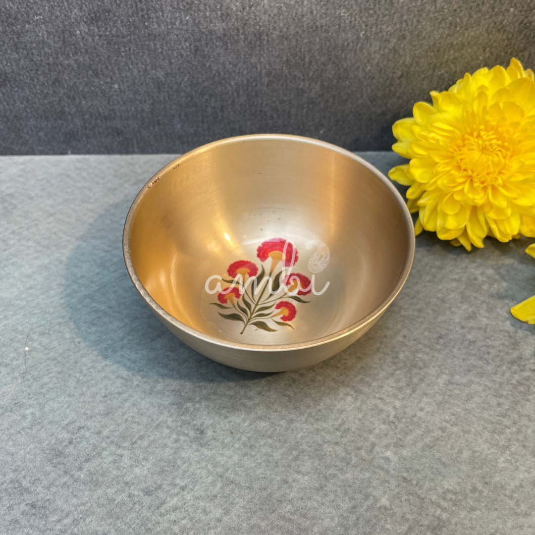 AMBI Lead Free 100% Pure Kansa Floral Hand Painted Finish Small Bowl - (Katori) 3 inch
